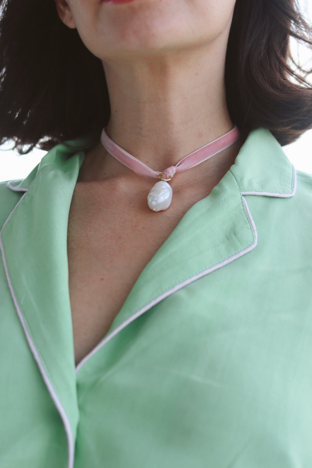 Baroque pearl by Carolina benoit miami fashion designer, velvet silk sourced from a miami. Necklace jewelry choker unique different jewelry.
