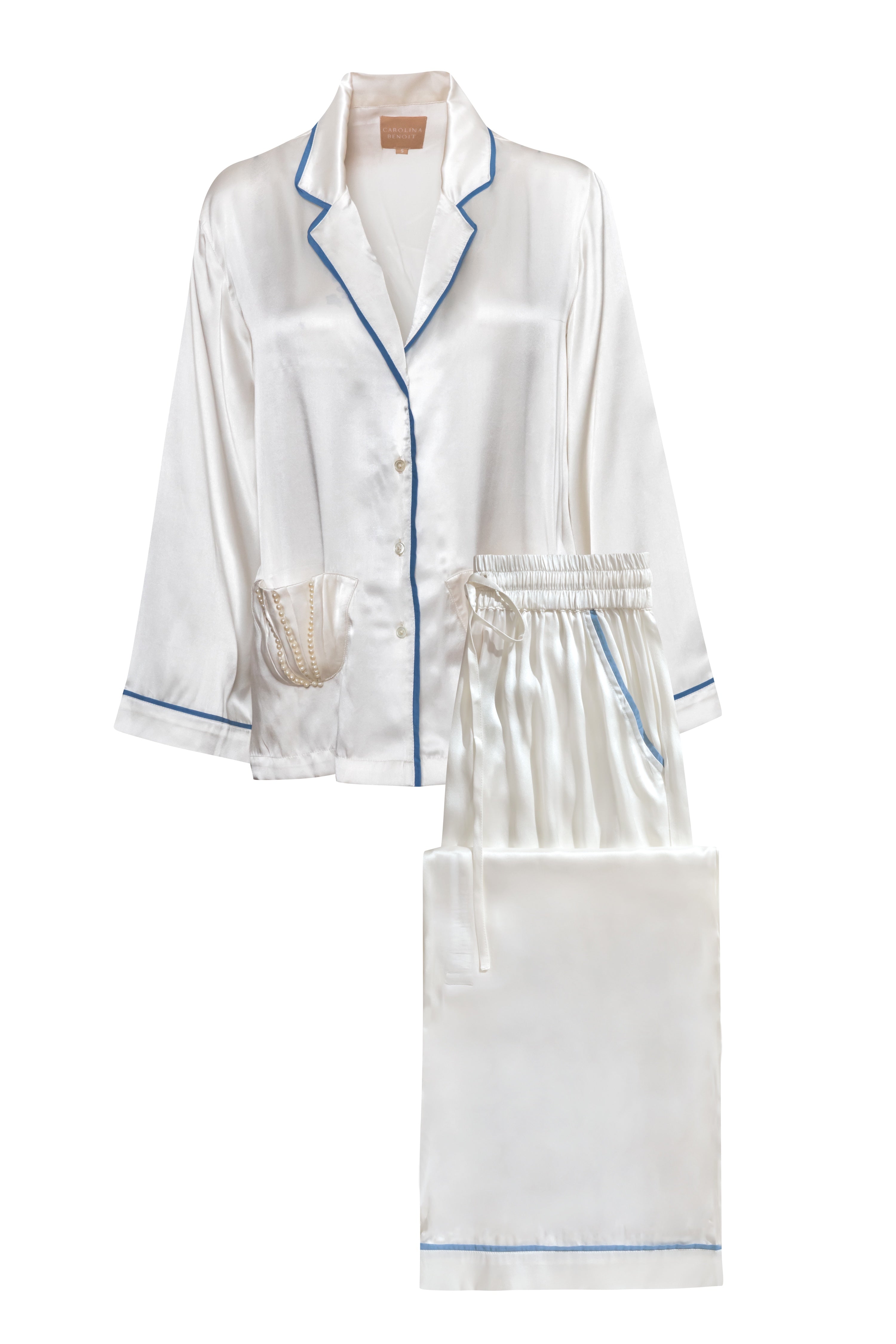 White washable silk satin pajama set with blue piping on a white background Pearl shell pocket
