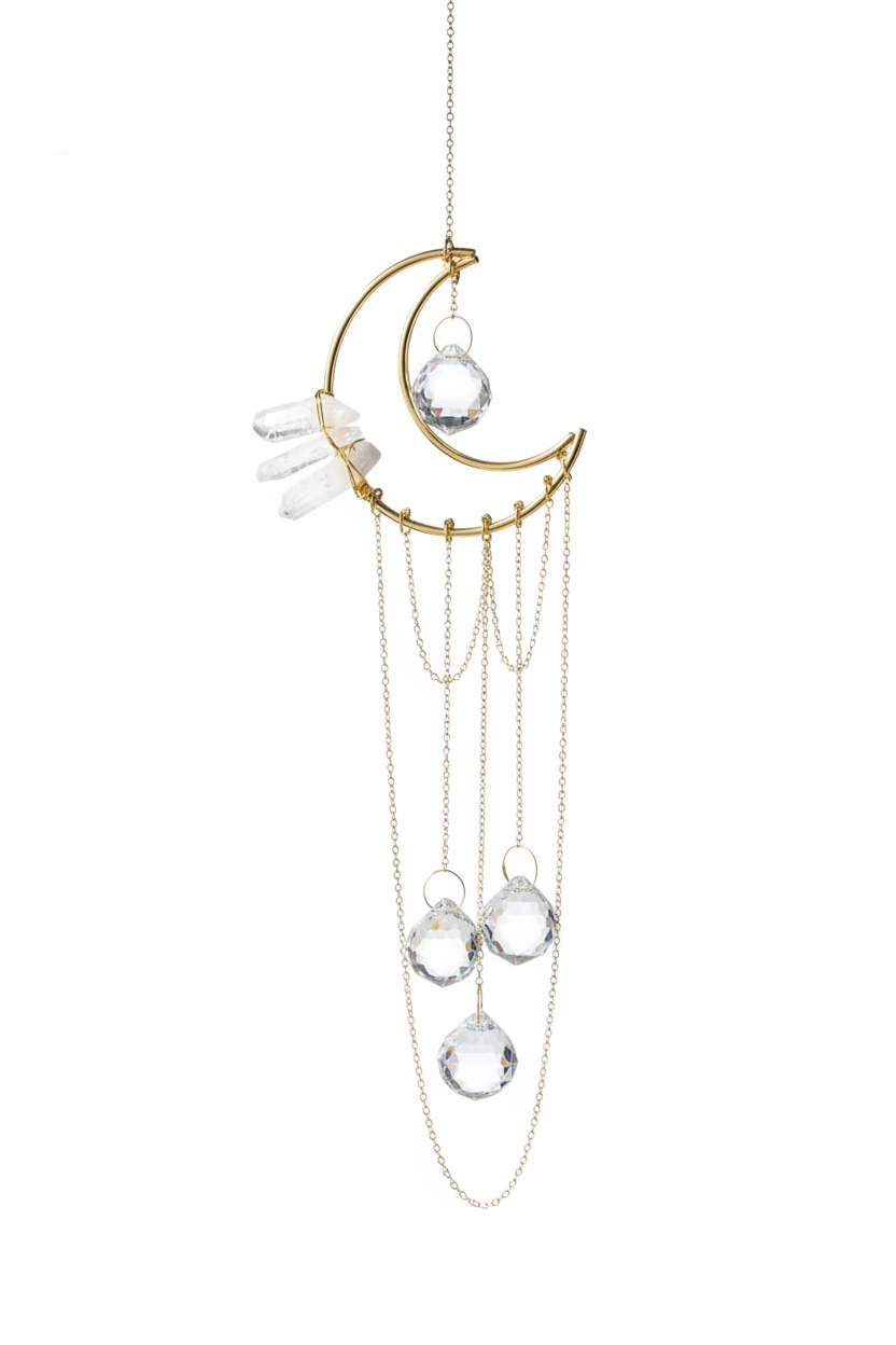 Decorative hanging crystal with gold crescent moon design on a gray background