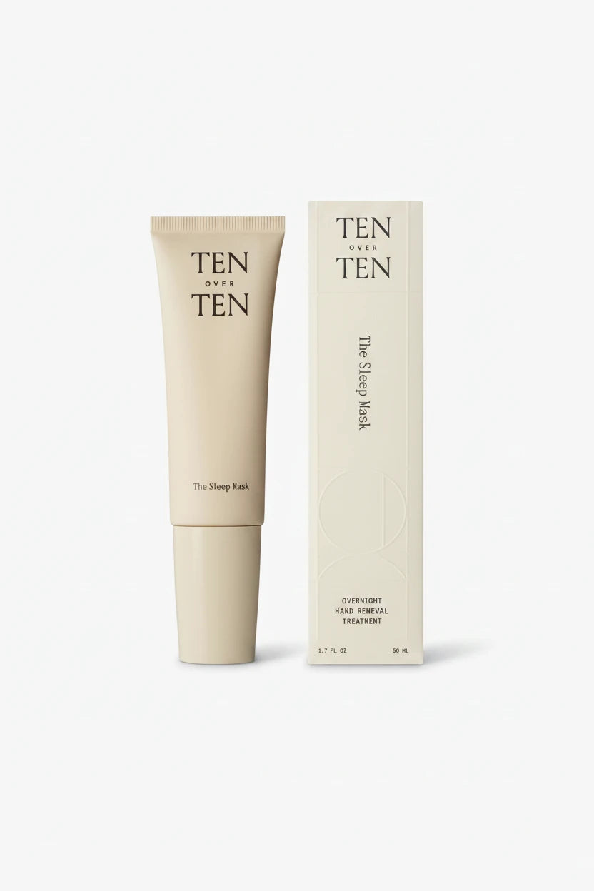 A tube and box of Ten Over Ten The Sleep Mask, with a beige color scheme and minimalist design.