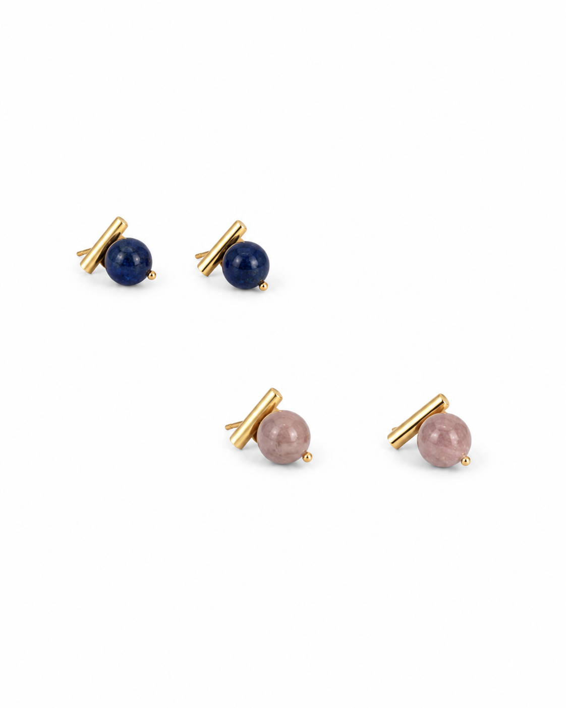 Three pairs of stud earrings on a plain white background, each featuring a gold-tone post with a round bead: two dark navy blue beads and one dusty pink bead.