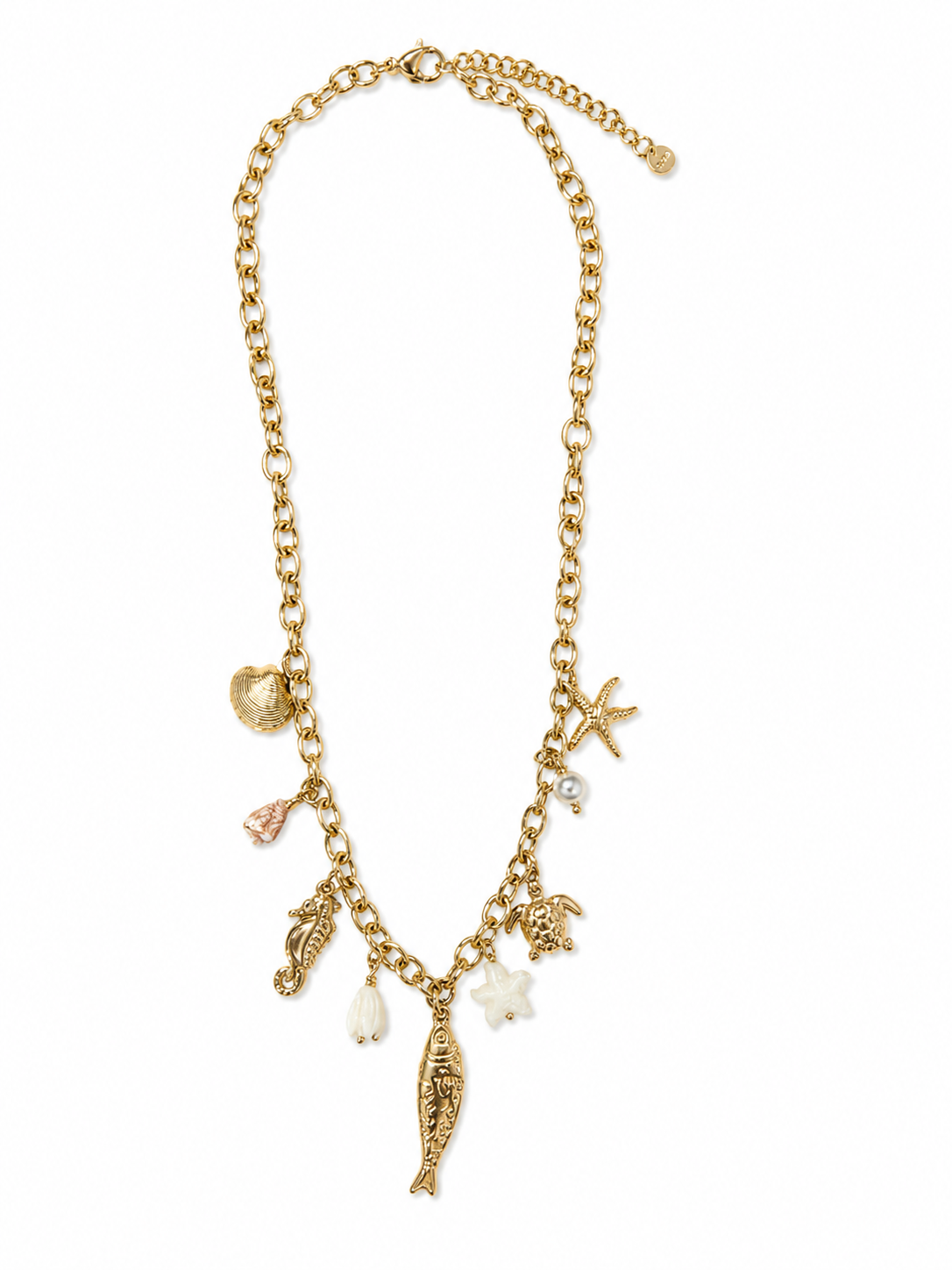 A gold-tone chain necklace with multiple small sea-themed charms, including a starfish, seashell, fish, and pearl-like beads, displayed on a clean white background.