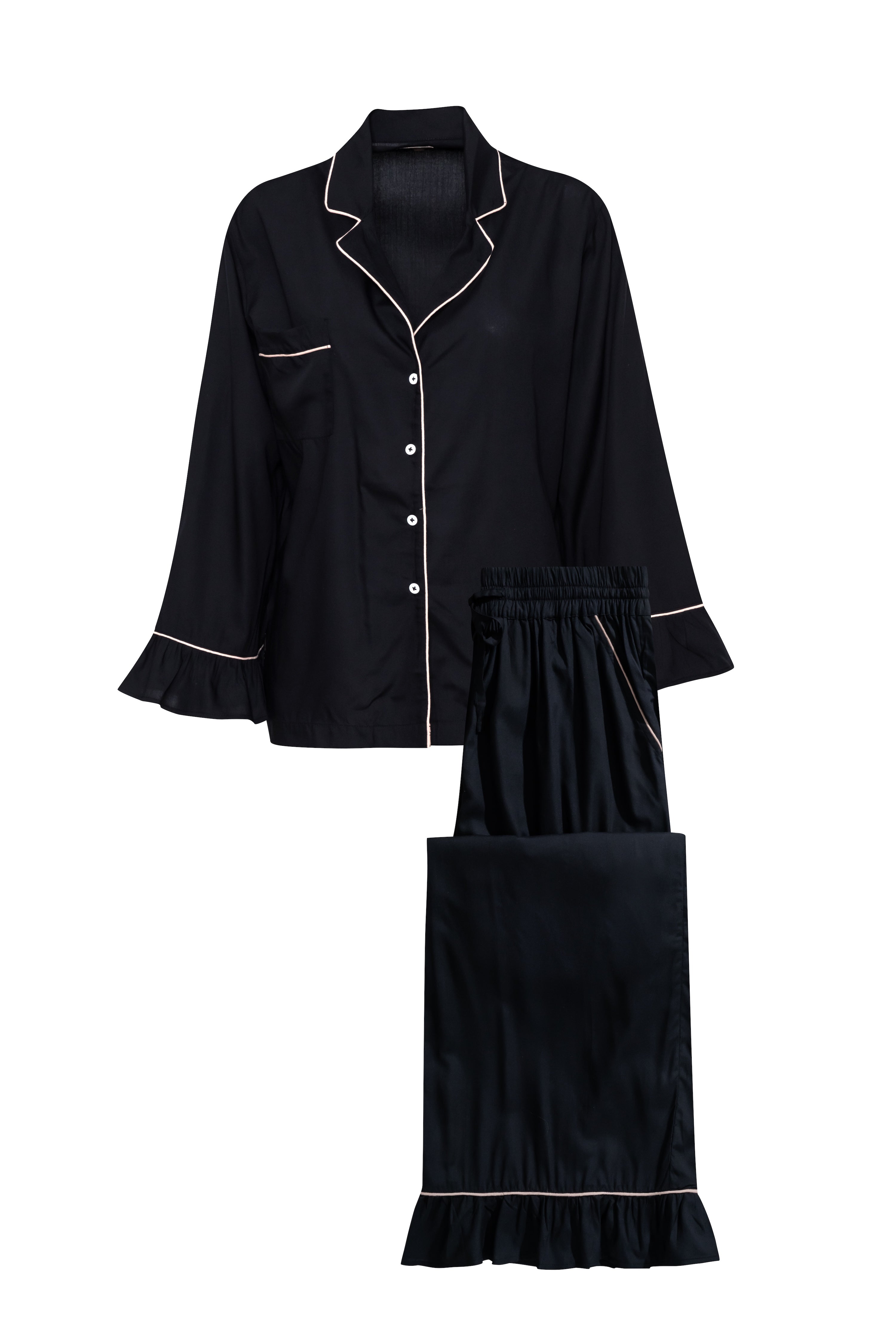Black bamboo pajama set with pink piping on a white background