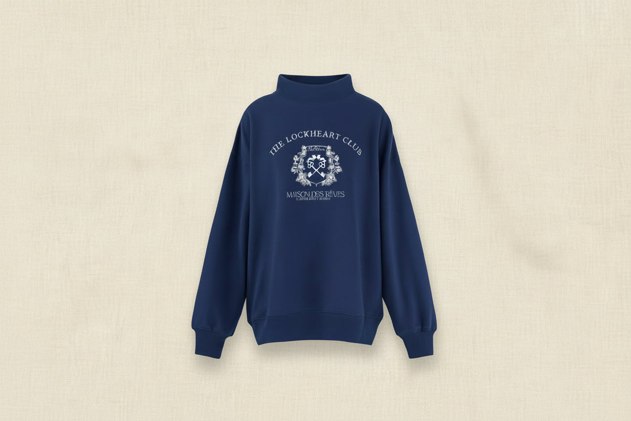 Blue sweatshirt with 'The Lockheart Club' logo on a white background
