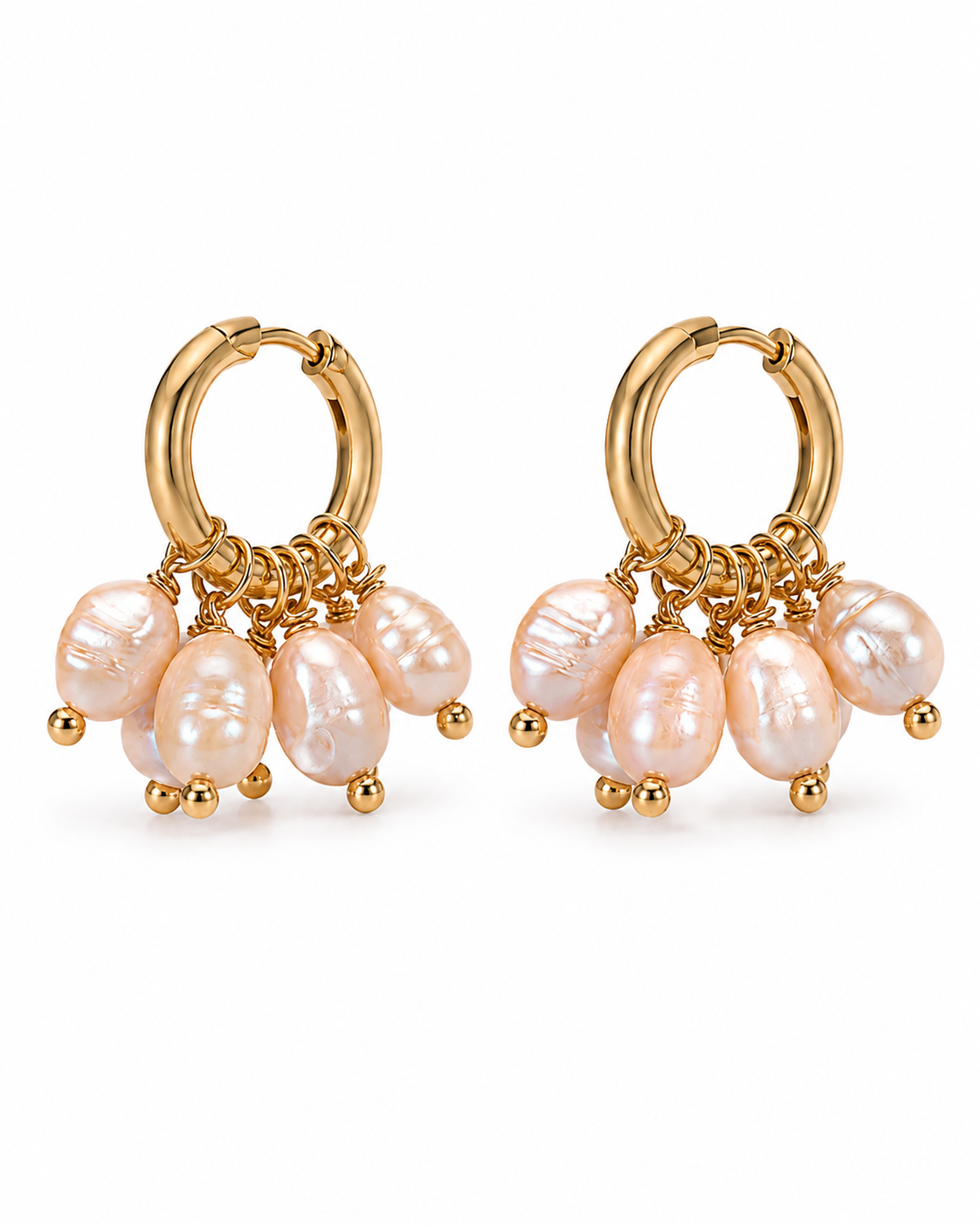 A pair of gold hoop drop earrings featuring clusters of irregular, lustrous light pink freshwater pearls suspended from gold chains, shown on a clean white background.