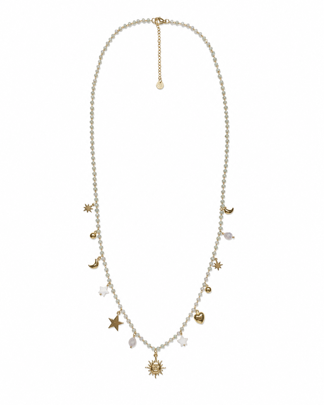 A delicate beaded necklace with gold-toned celestial charms, including stars, moons, and a sun pendant, displayed on a clean white background.