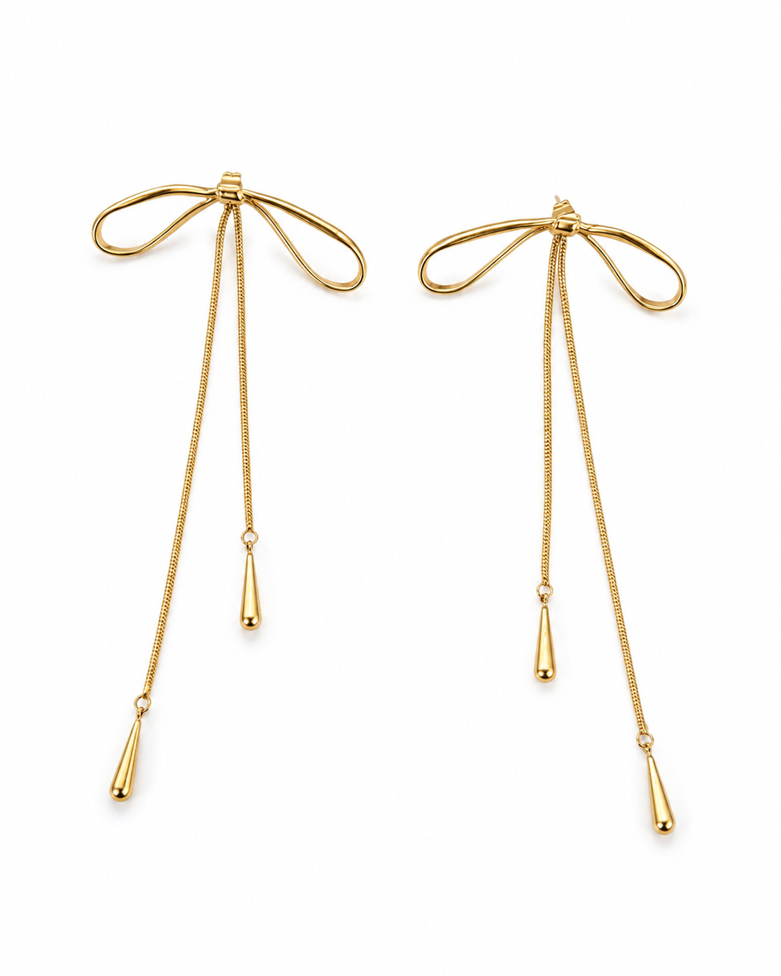 A pair of gold dangle earrings with a bow-shaped top and three dangling teardrop charms on each earring, shown against a plain white background.