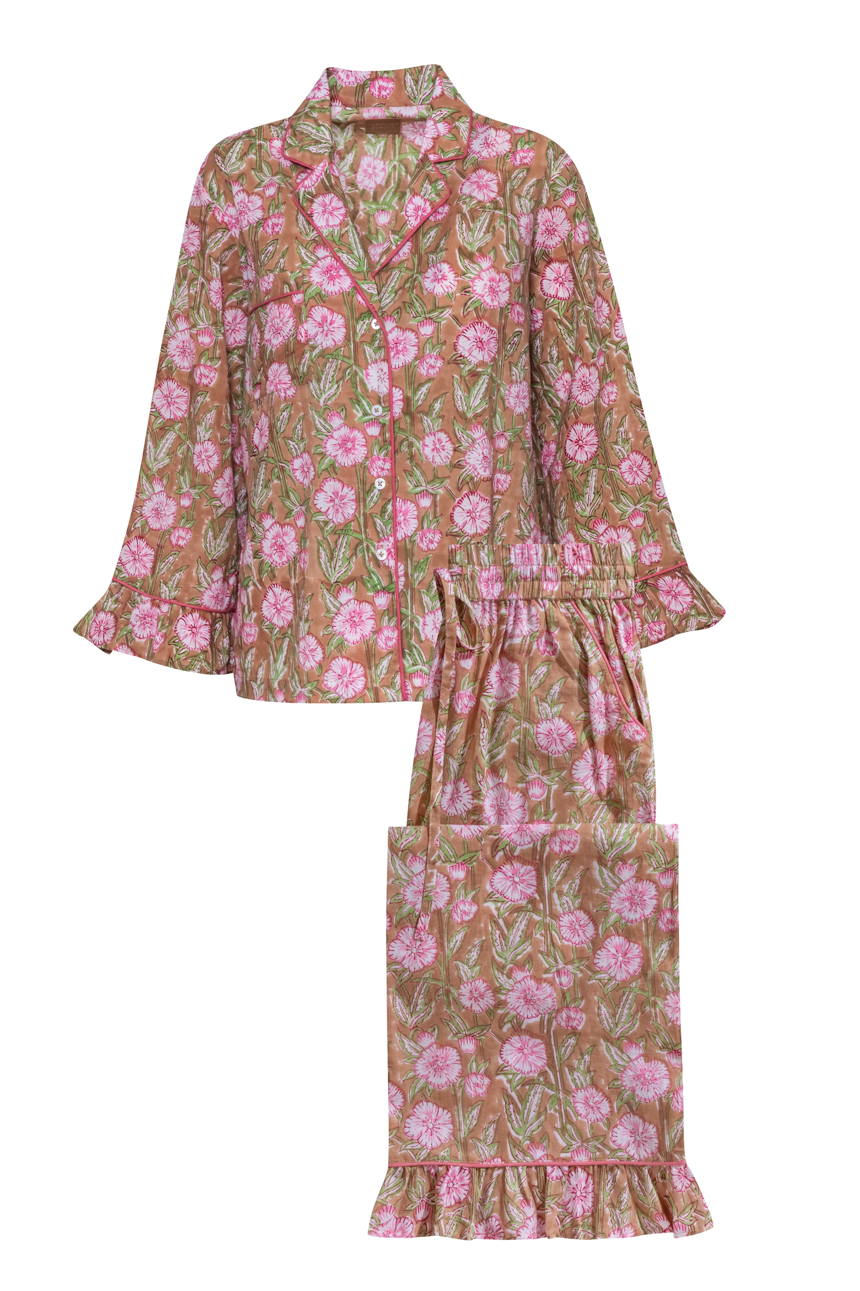 Luxury Cotton Pajama Set Women | Beige & Pink Block Print
