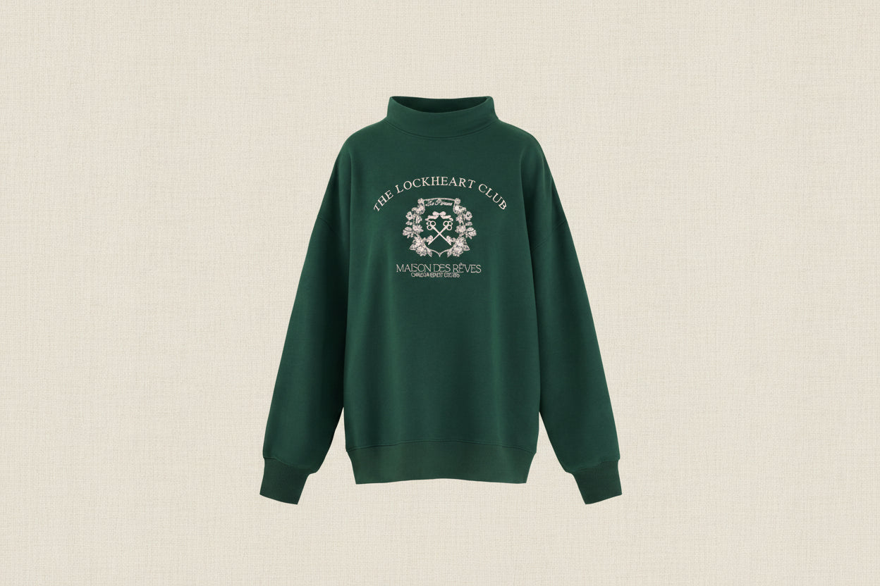 Green sweatshirt with 'The Lockheart Club' logo on a white background