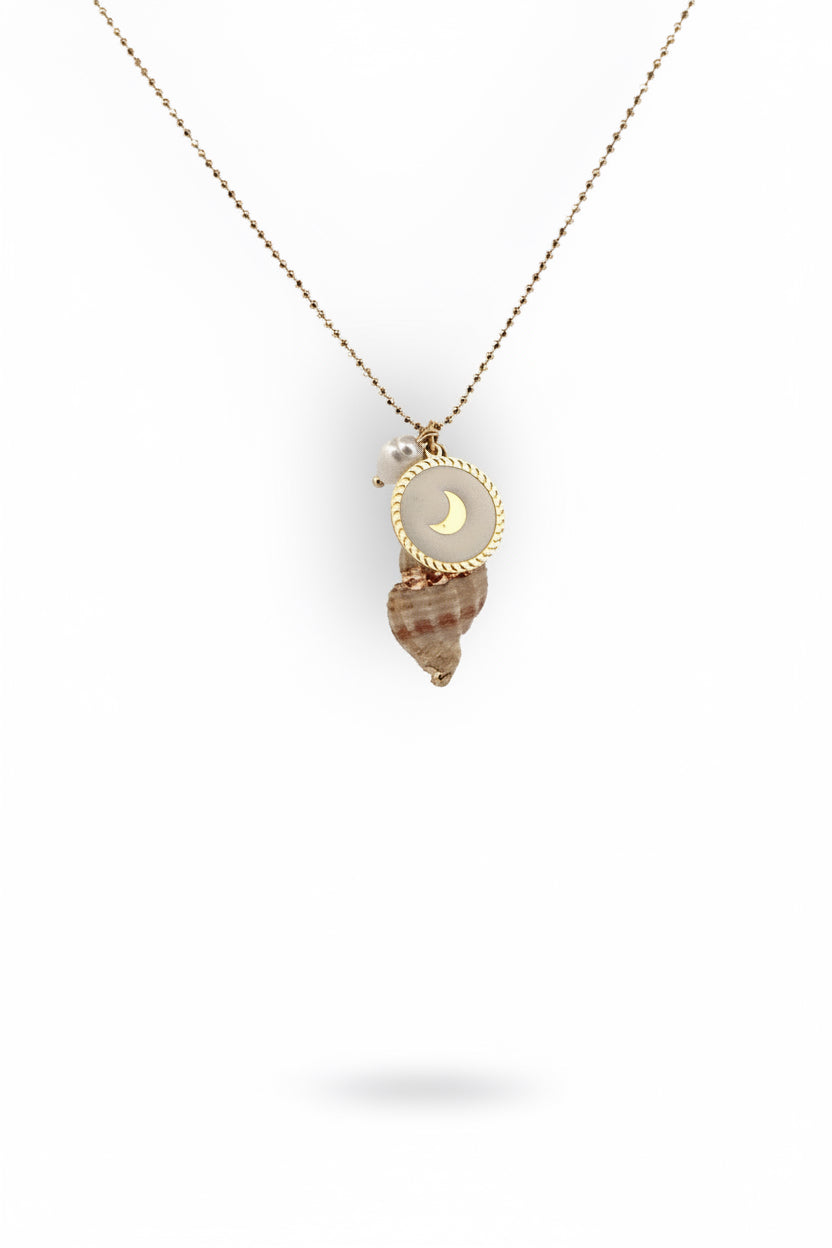 Necklace with shell pendant and moon symbol on a white background