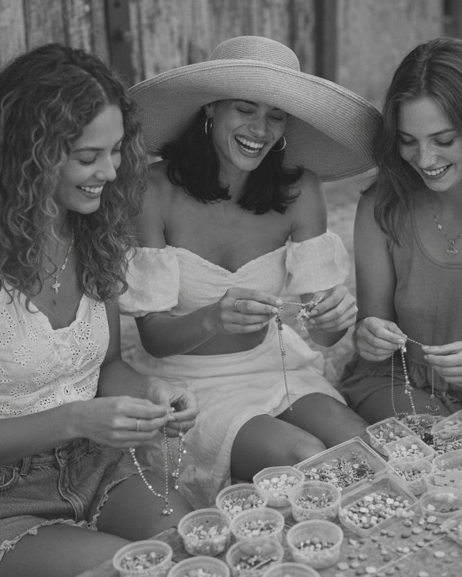 Three women sitting together, making jewelry with small containers of beads and materials.