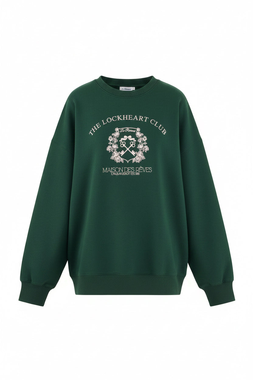 Green sweatshirt with 'The Lockheart Club' logo on a white background