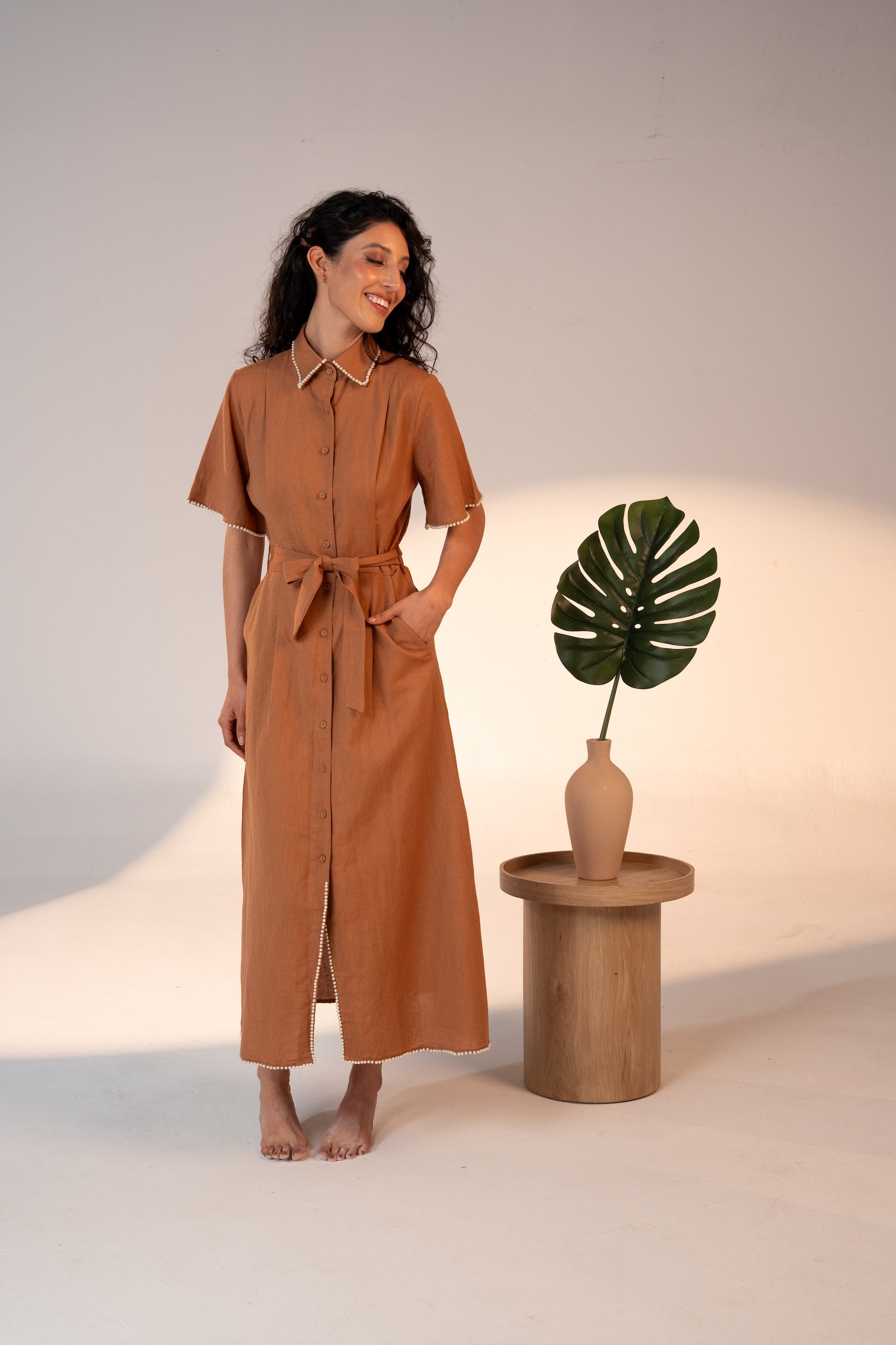 Cafe Au Lait Pearled Dress Brown