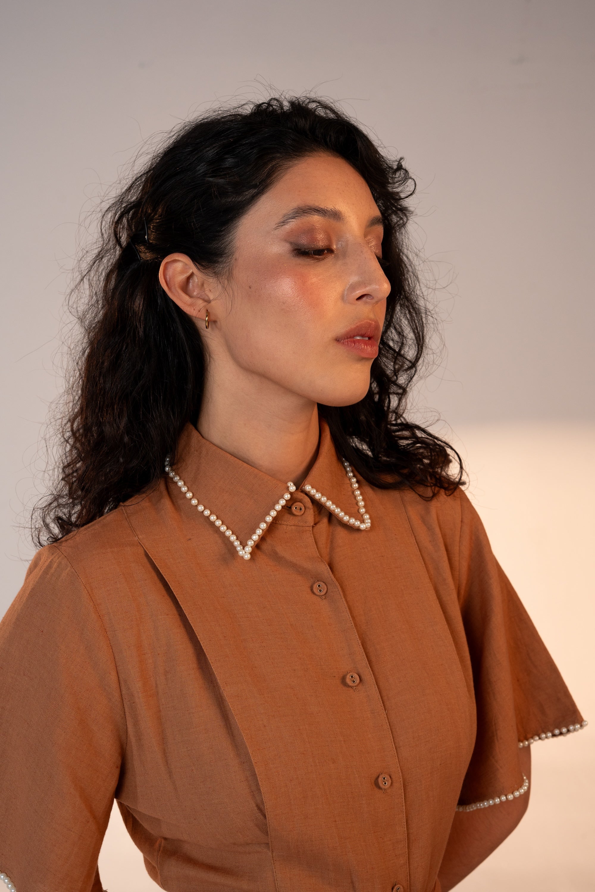 Cafe Au Lait Pearled Dress Brown