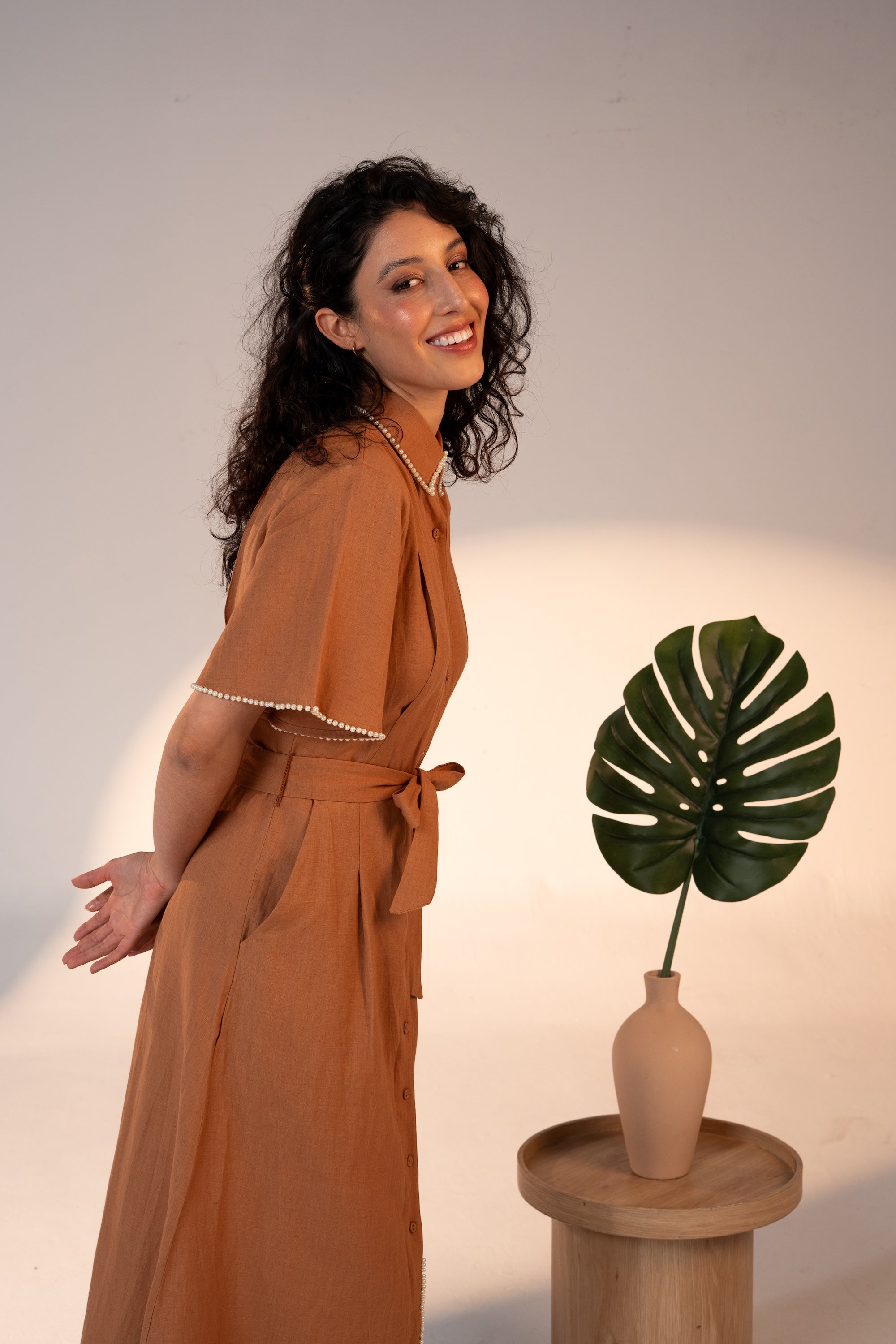 Cafe Au Lait Pearled Dress Brown