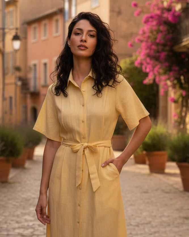 Woman wearing a yellow dress standing in a softly lit room with a white wall and light pattern.