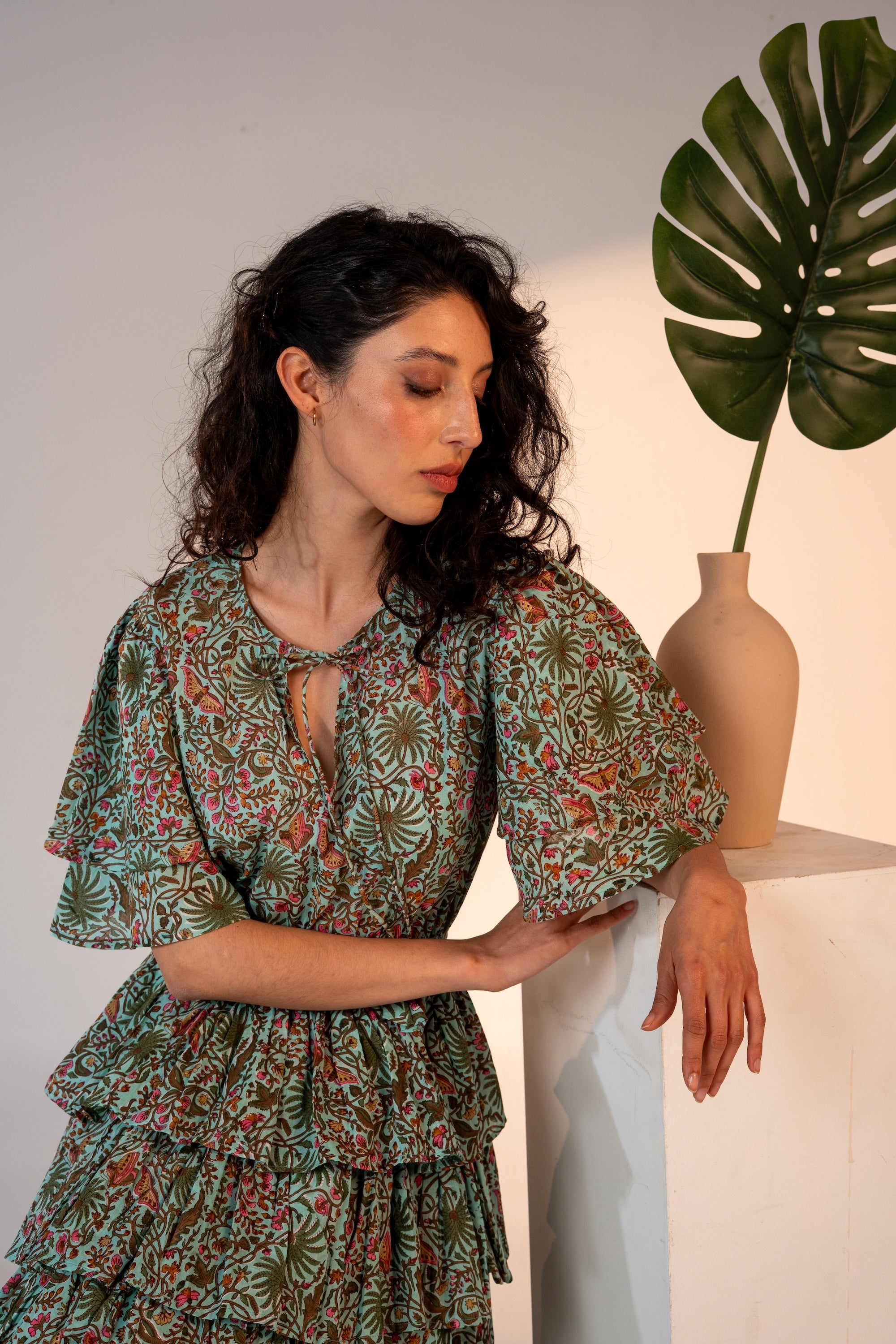 Palm Springs Clinched Waist Dress Green Print