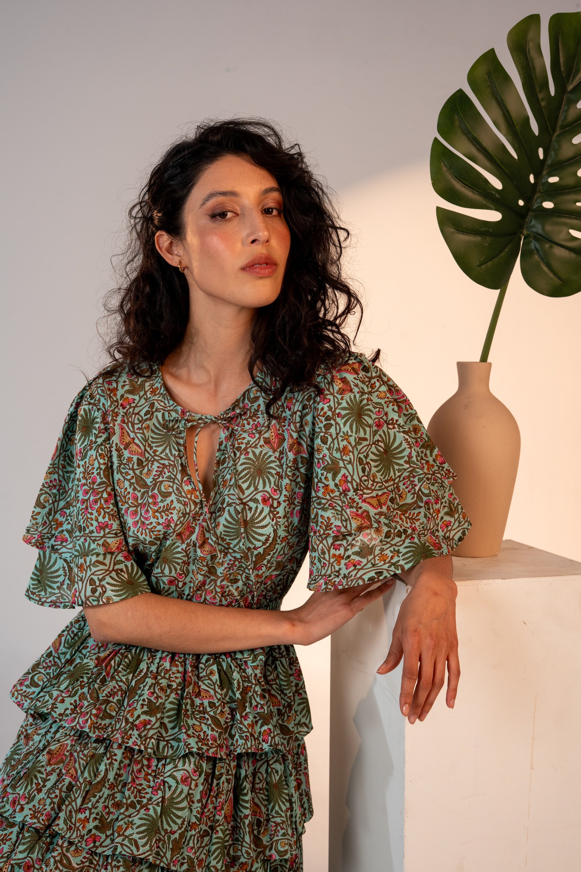 Palm Springs Clinched Waist Dress Green Print