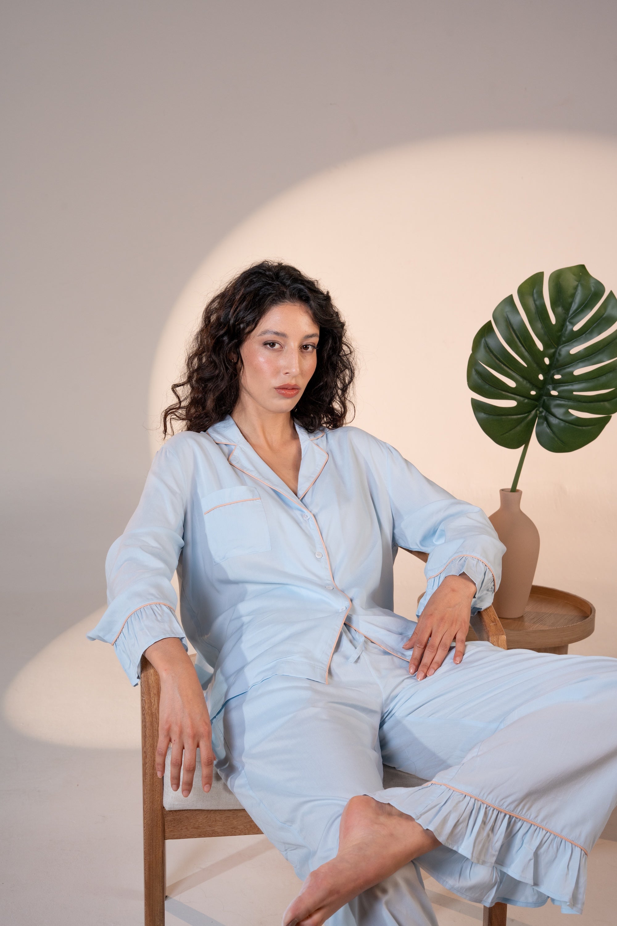Luxury Bamboo Pajama Set Women | Blue & Beige