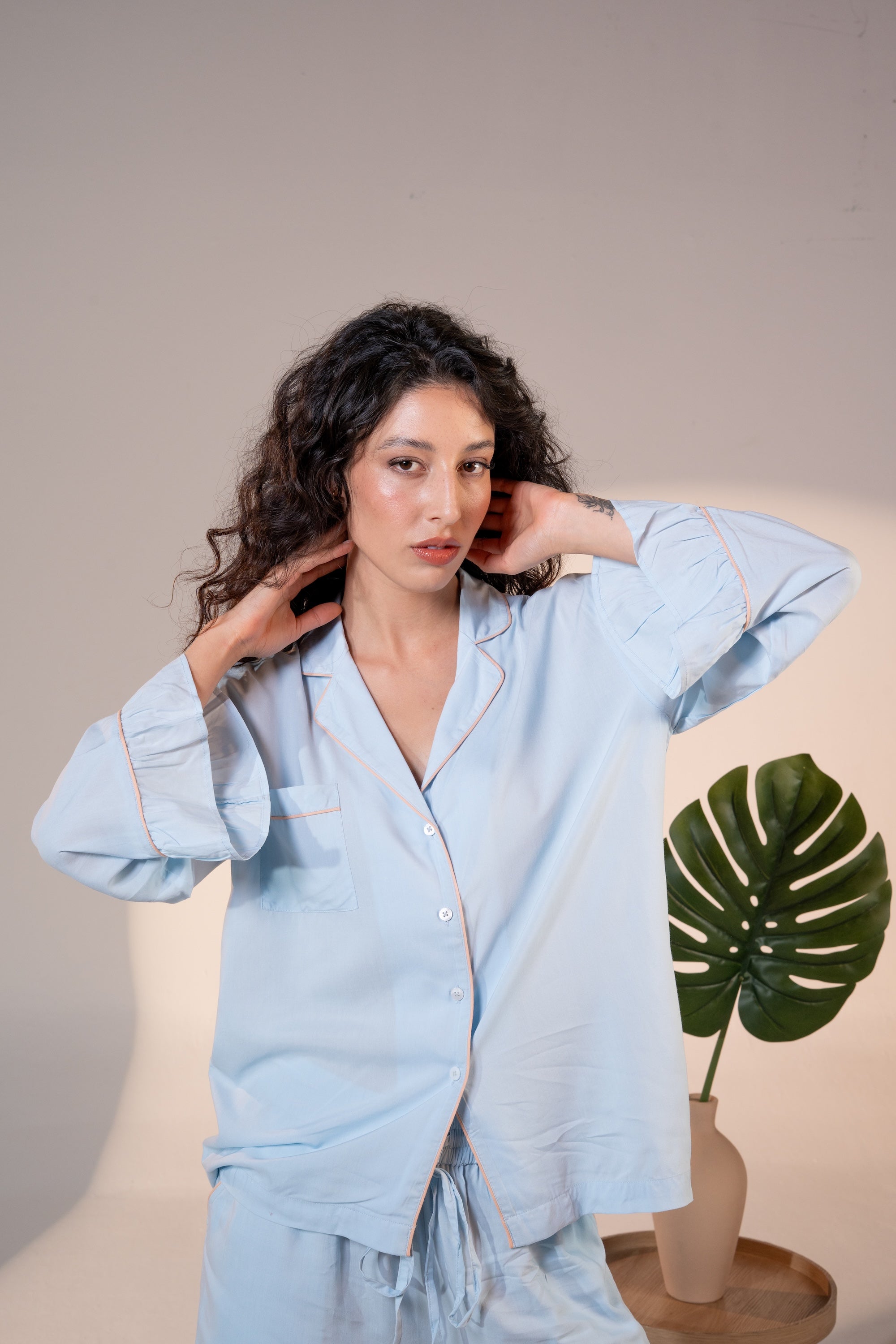 Luxury Bamboo Pajama Set Women | Blue & Beige
