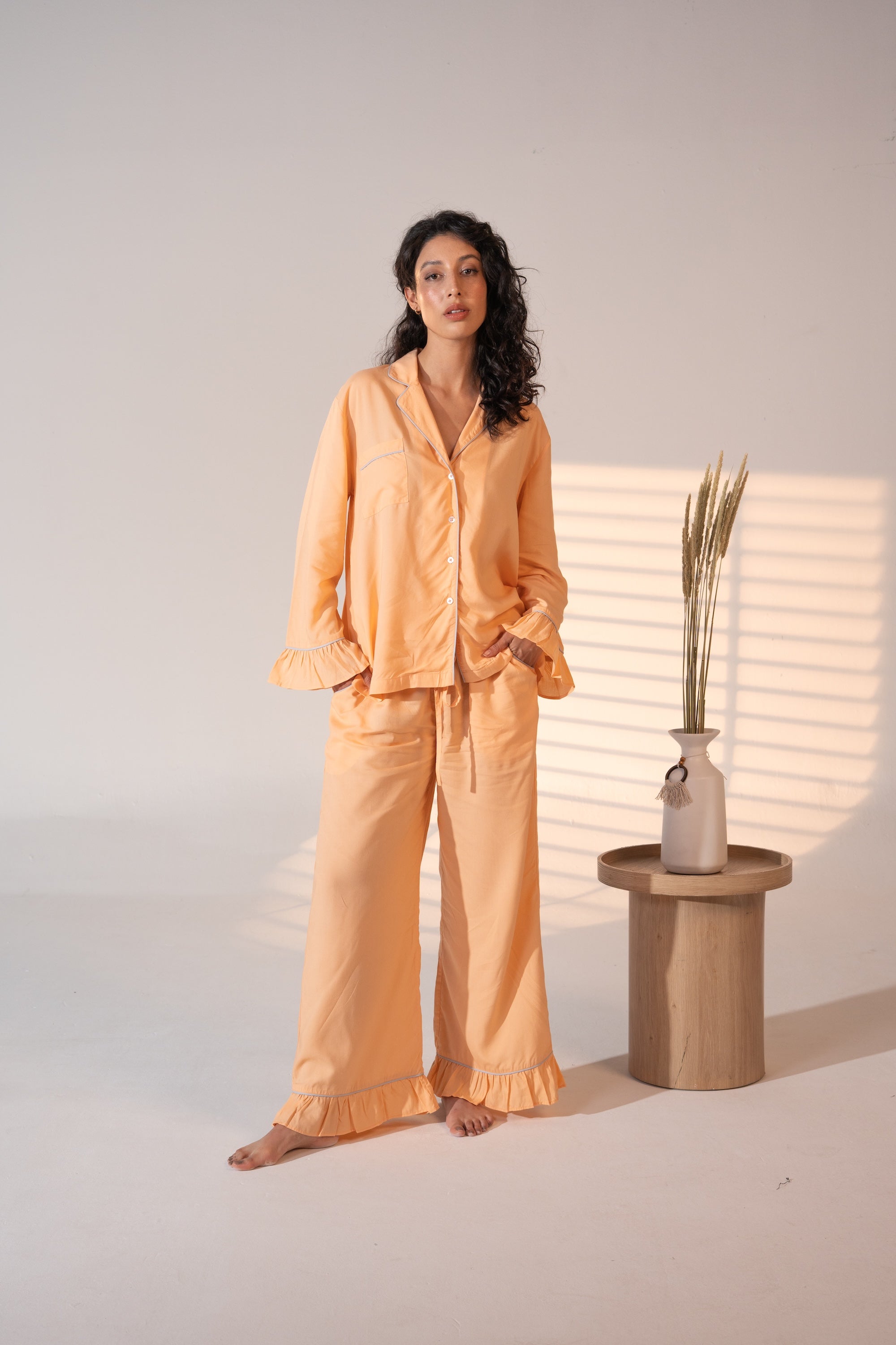 Luxury Bamboo Pajama Set Women | Orange and Blue Piping