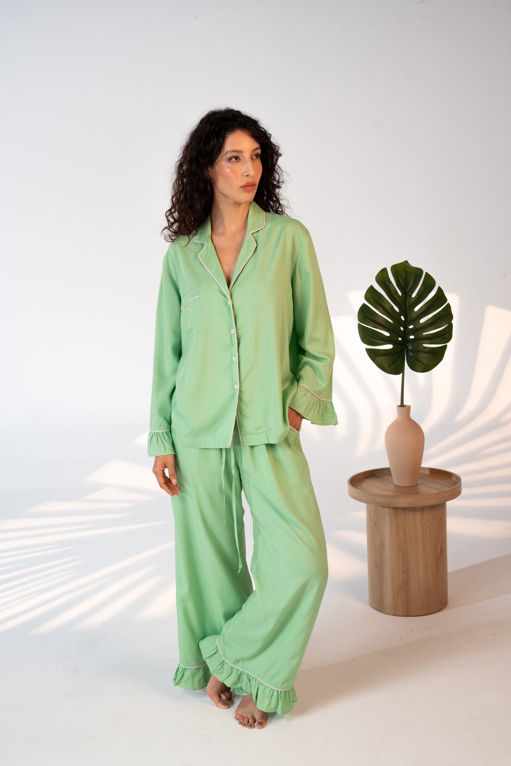 Luxury Bamboo Pajama Set Women | Green with Pink Piping
