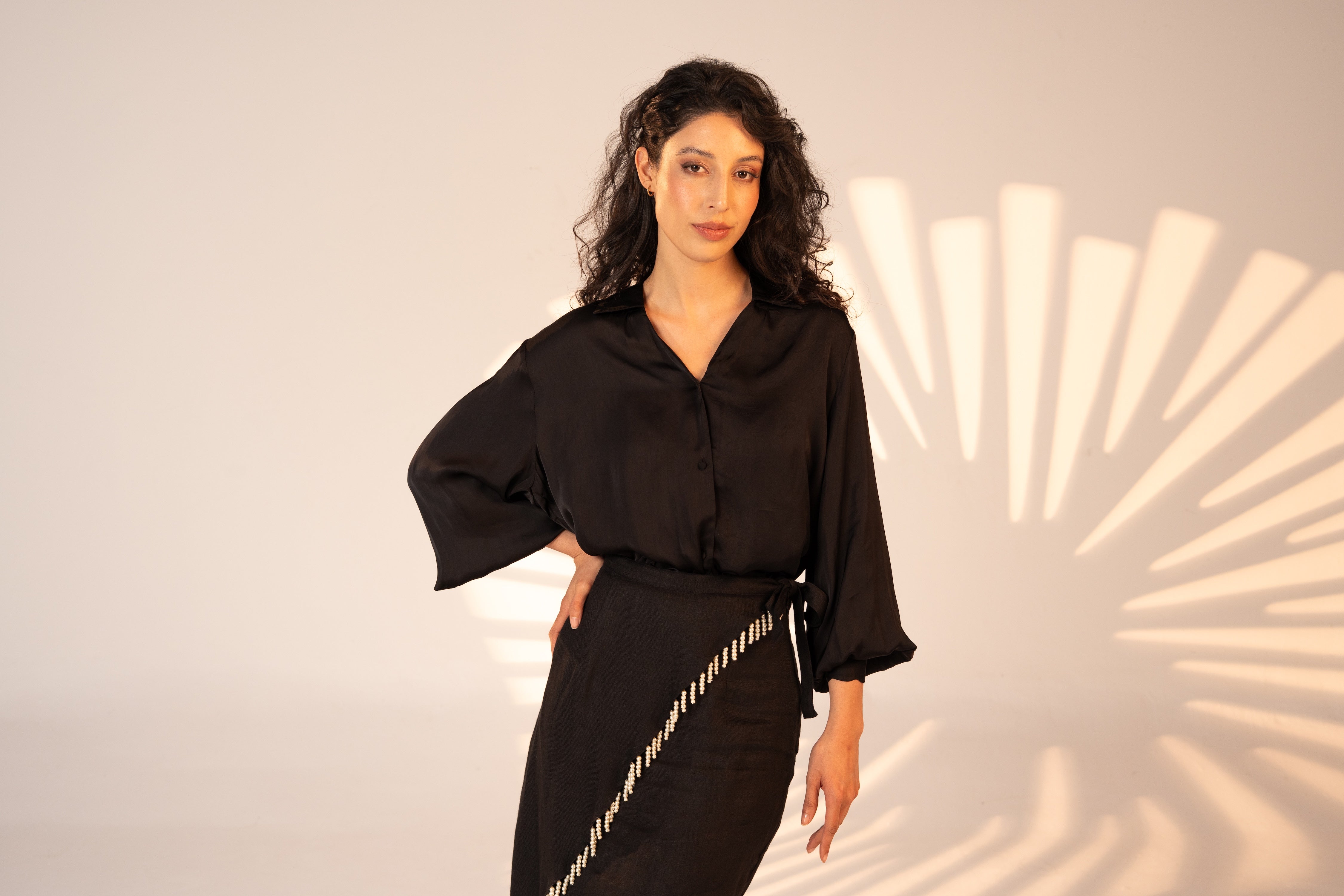 Black Vegan Silk Waiting Top - Lined Buttons