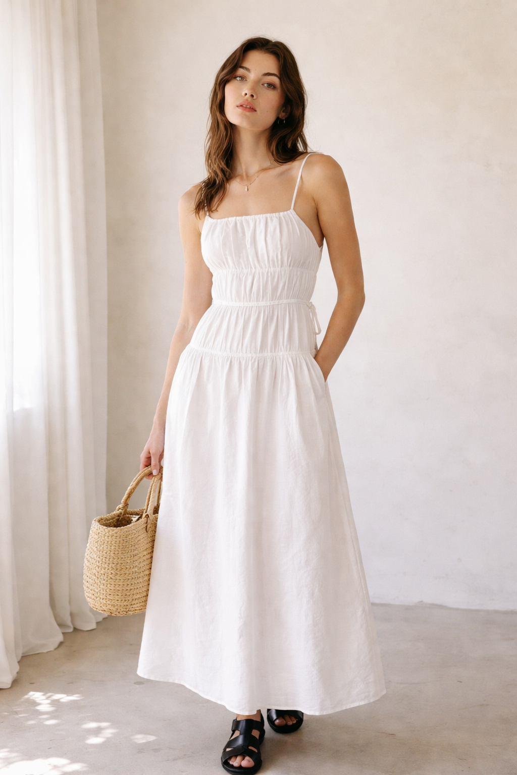 Linen Ruched Maxi Dress