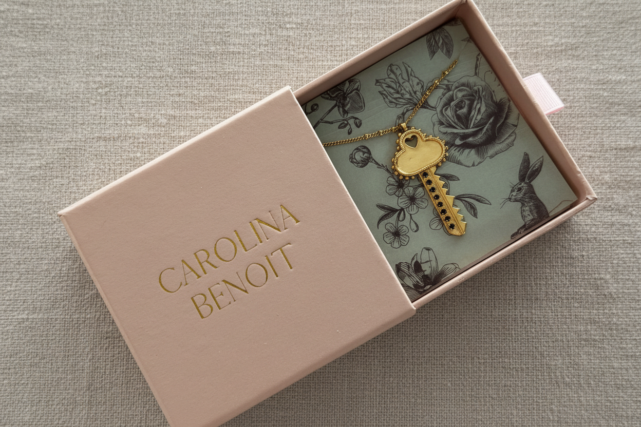 Gold key-shaped pendant in a Carolina Benoit box on a marble surface