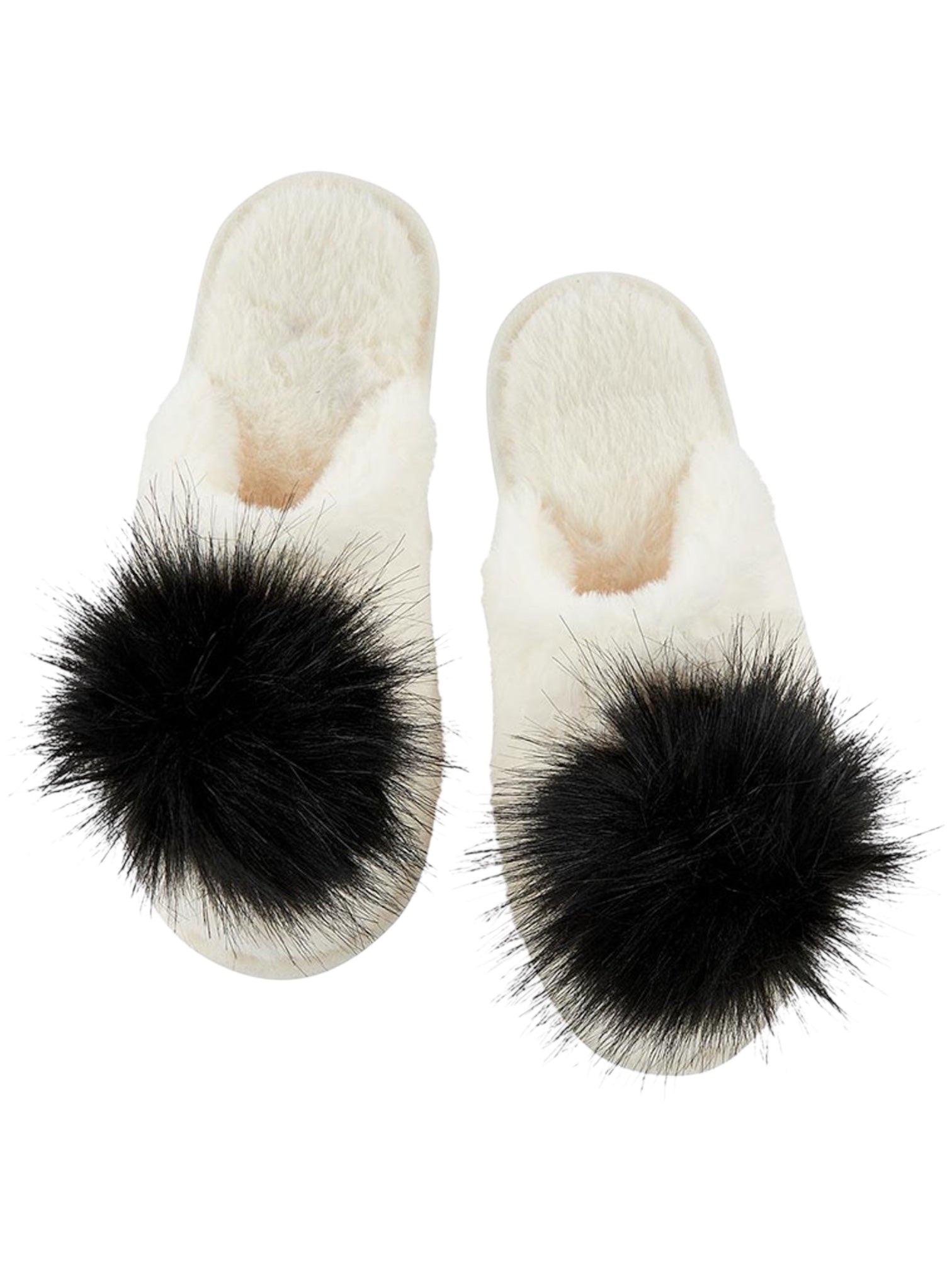 Plush Slippers - Ivory with Black Pom Pom