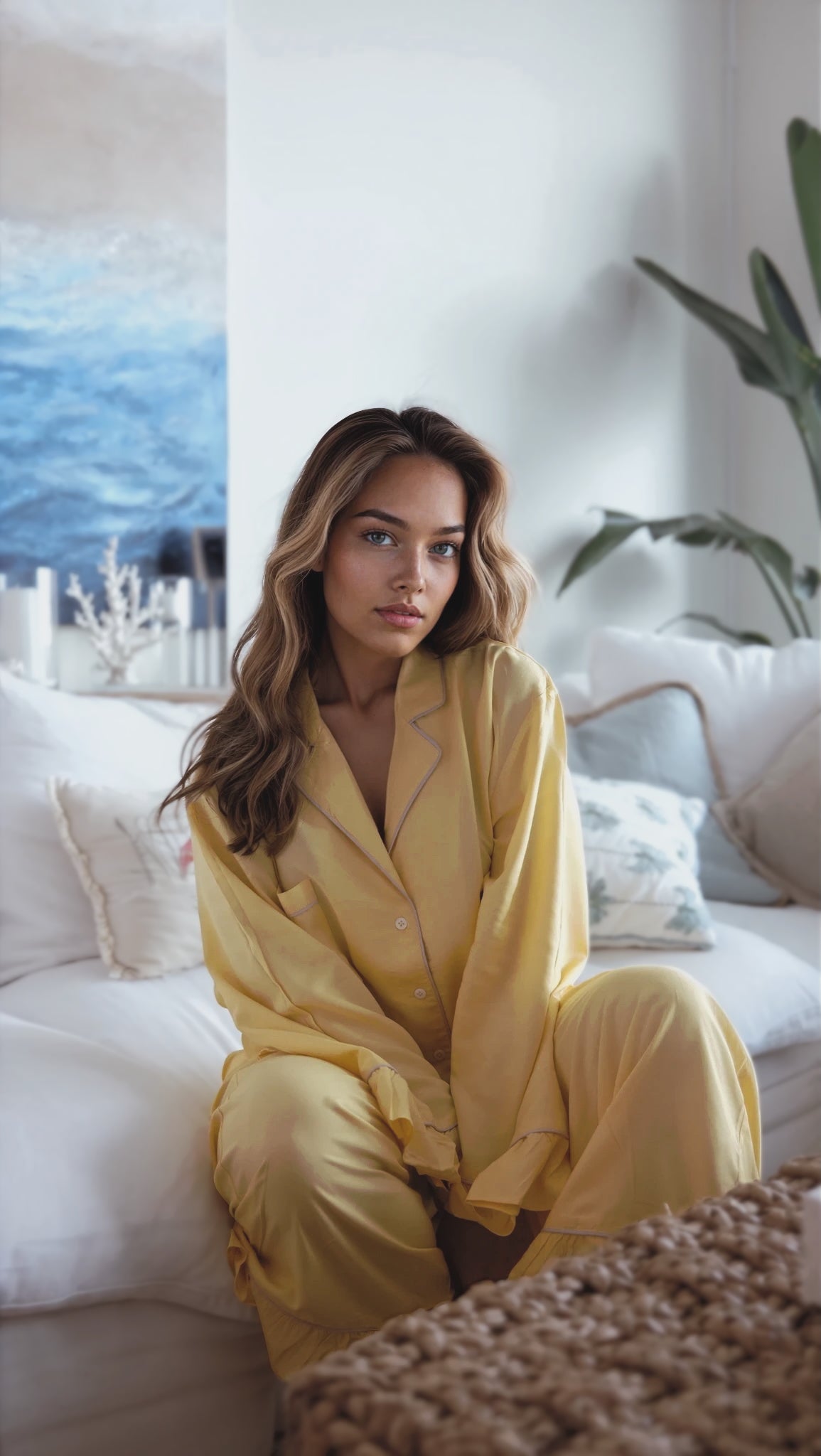 Woman in yellow pajamas sitting on a couch in a cozy living room.