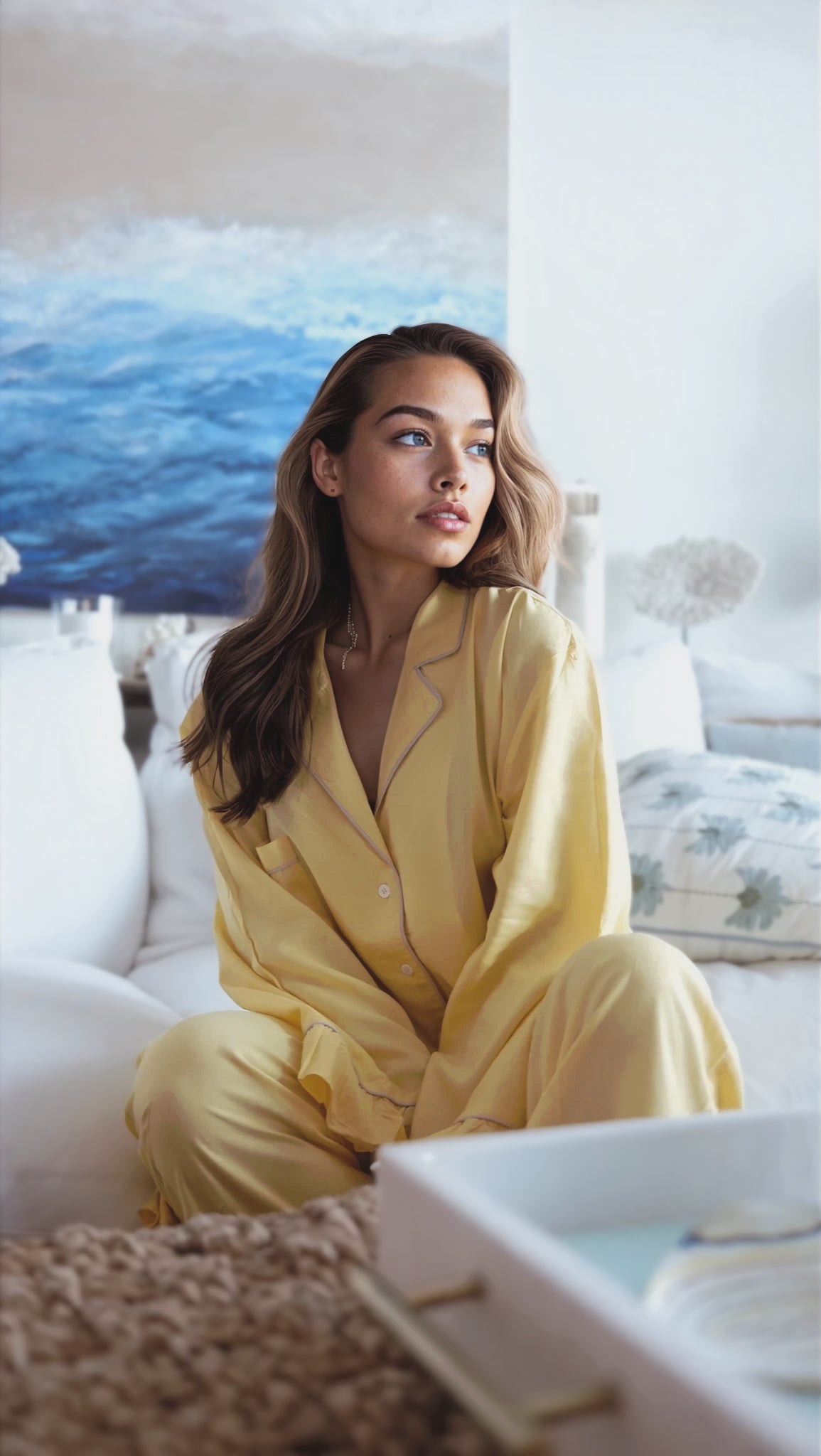Woman in a yellow outfit sitting on a couch in a room with a painting of water.