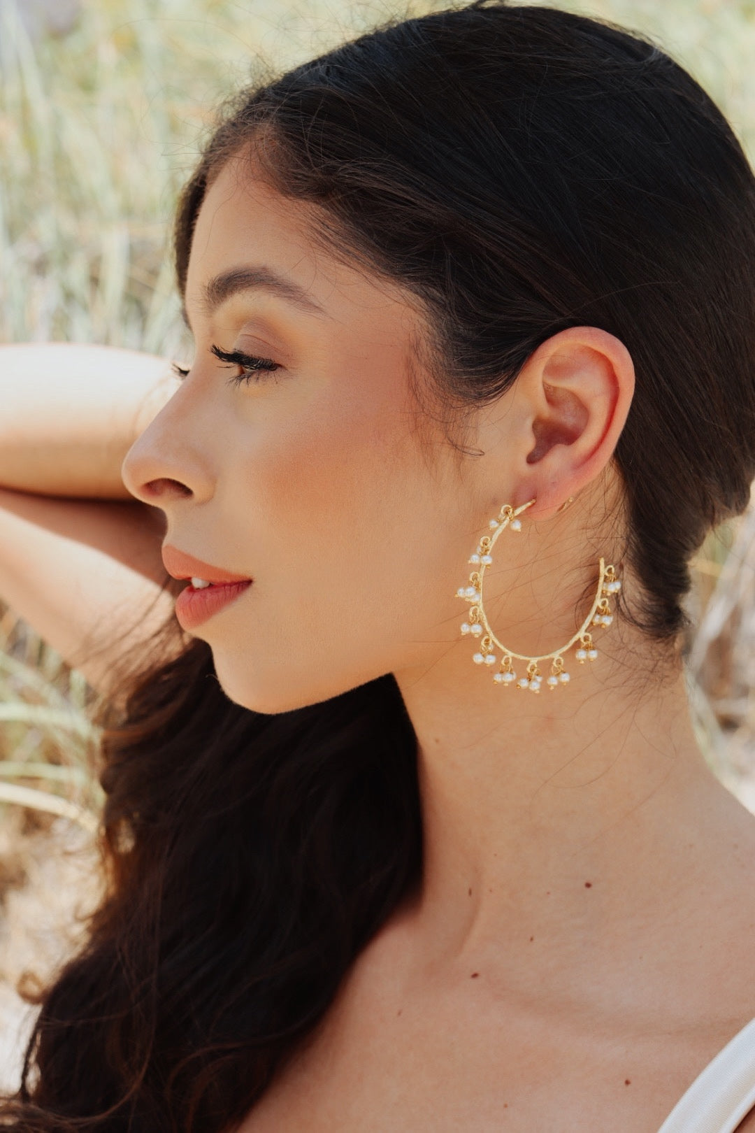 Beige Pearled Hoops