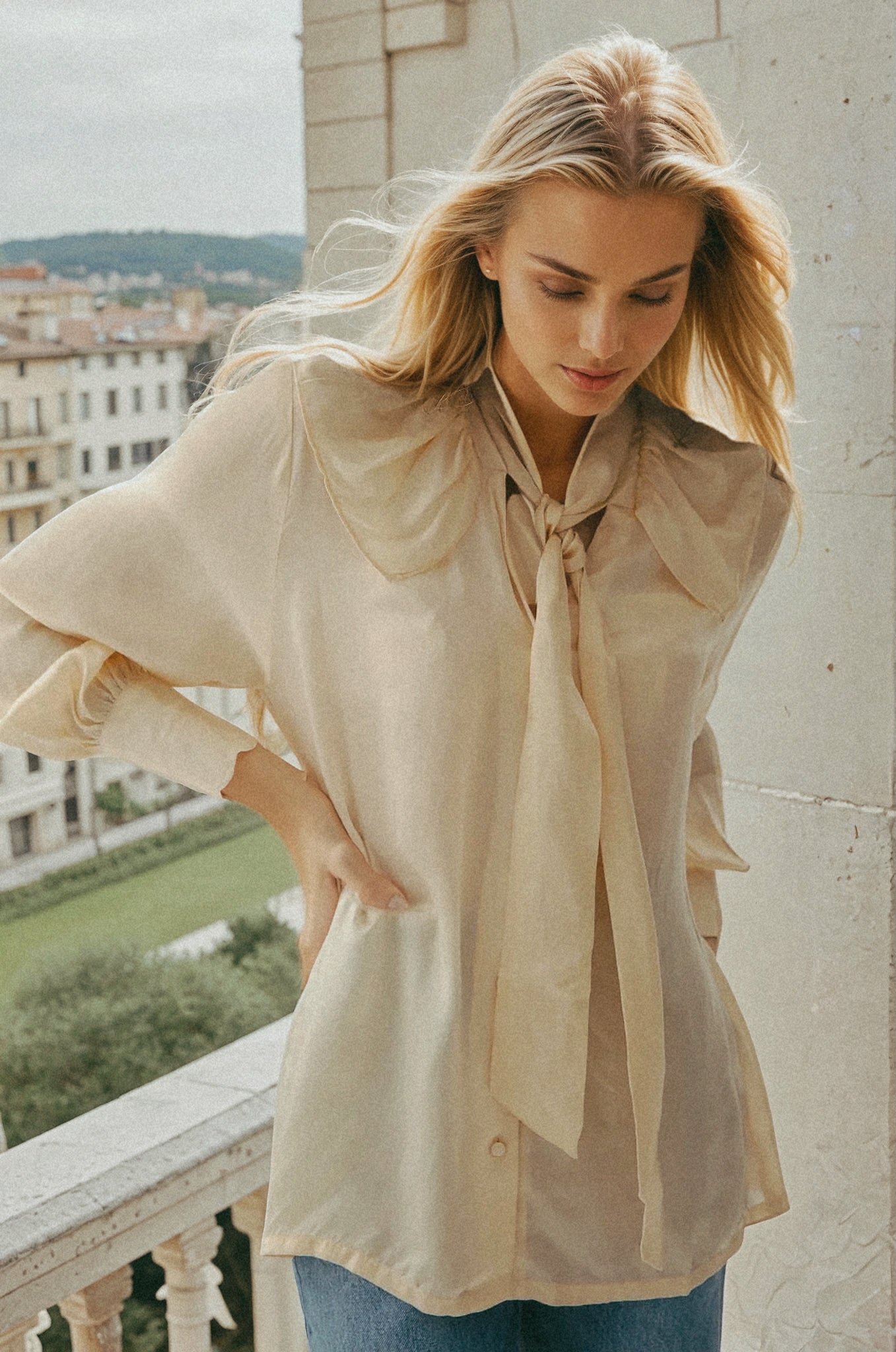 For Rose Vegan Silk Pussy Bow Top – Milkshake Beige