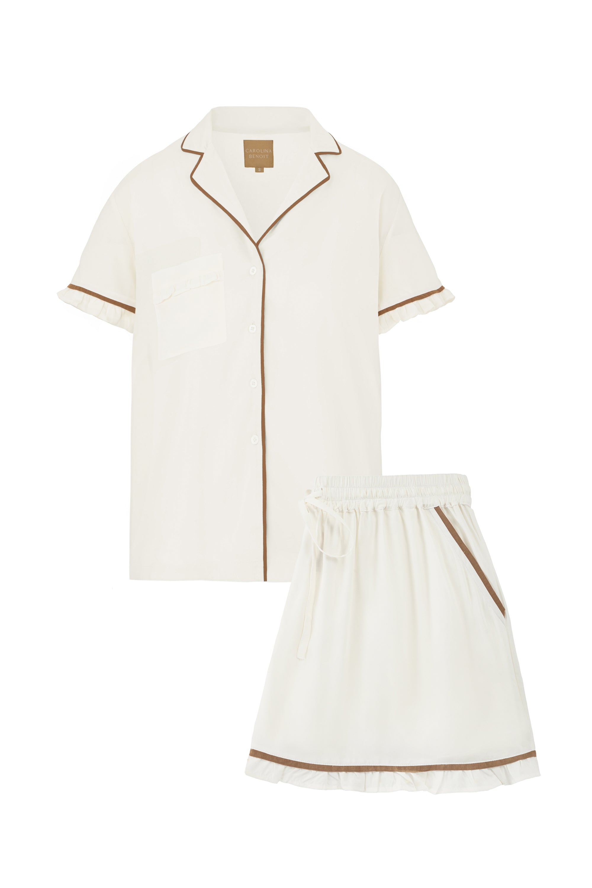 White outfit with brown trim on a white background