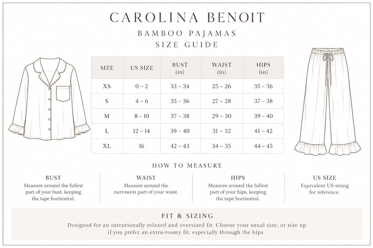 Bamboo pajamas body size guide XS–XL in inches; relaxed oversized fit