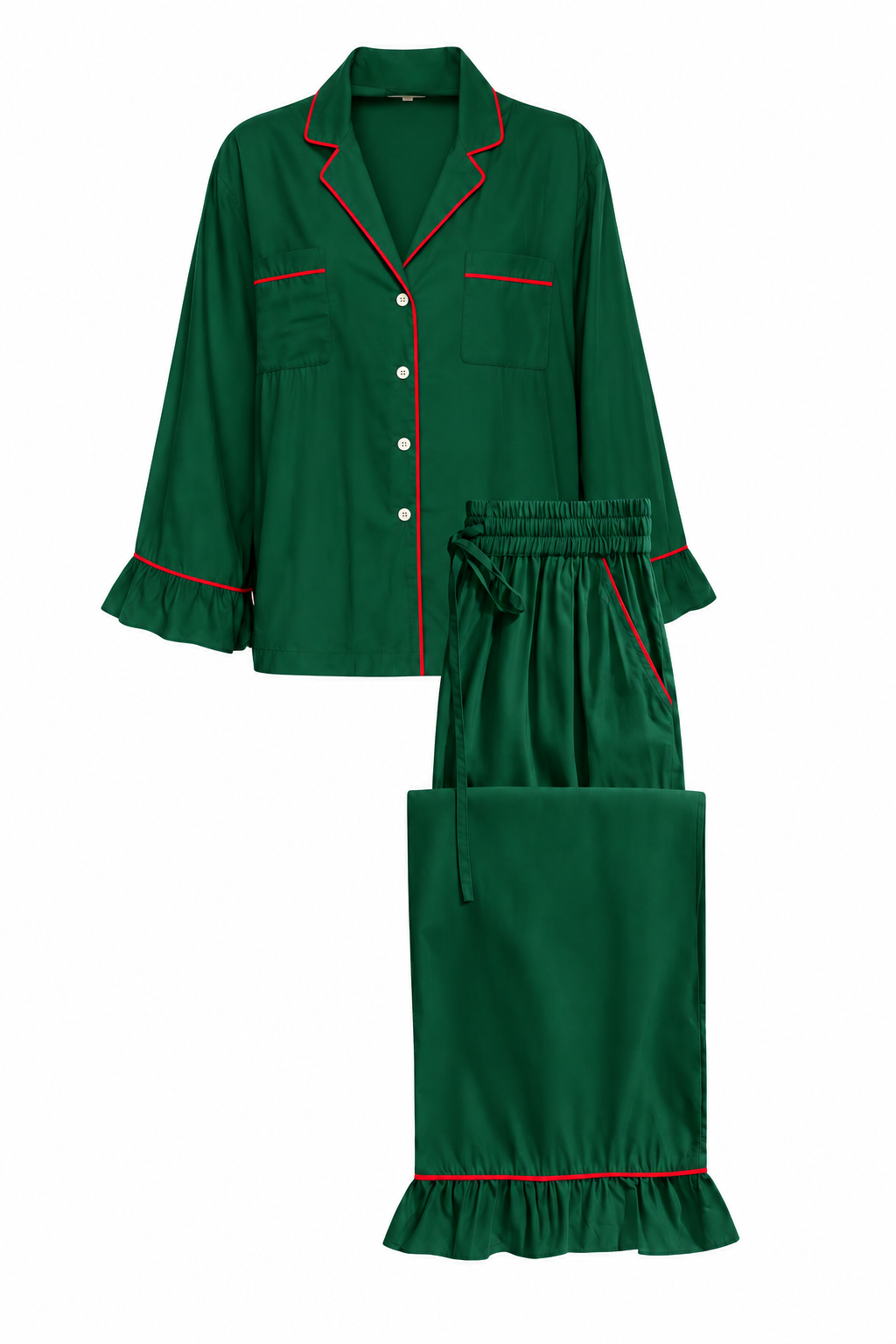 Carolina Benoit Green bamboo long pajama set with red piping and ruffled cuffs and hems