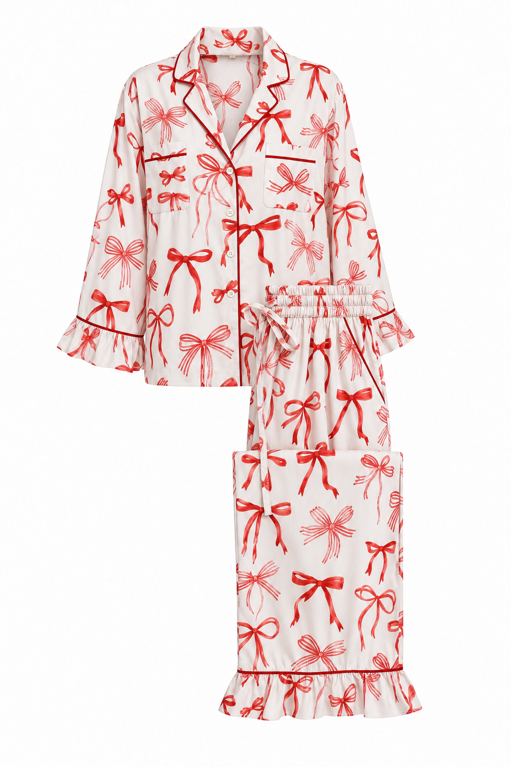 Carolina Benoit Ivory bamboo long pajama set with red bow print, red piping and ruffled hems
