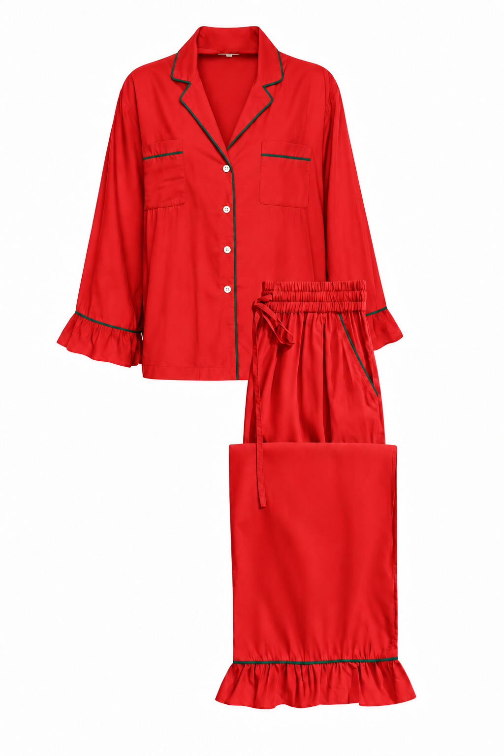Carolina Benoit Red bamboo long pajama set with green piping and ruffled cuffs and hems