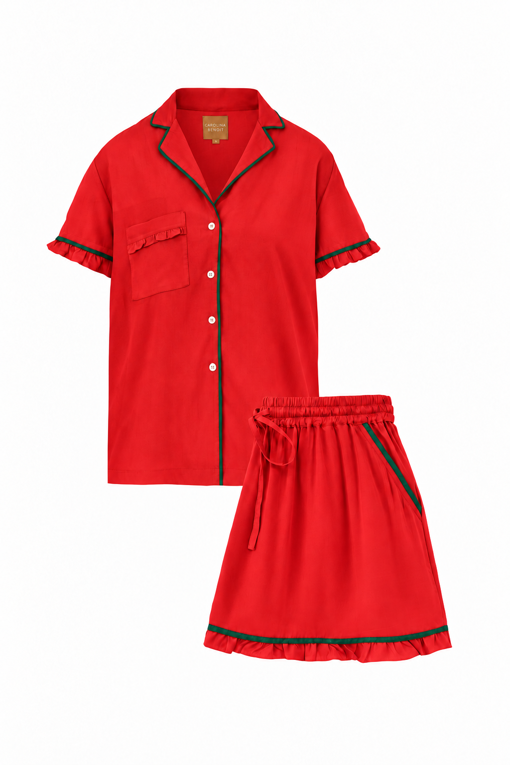 Carolina Benoit Red bamboo short pajama set with green piping and delicate ruffle trims
