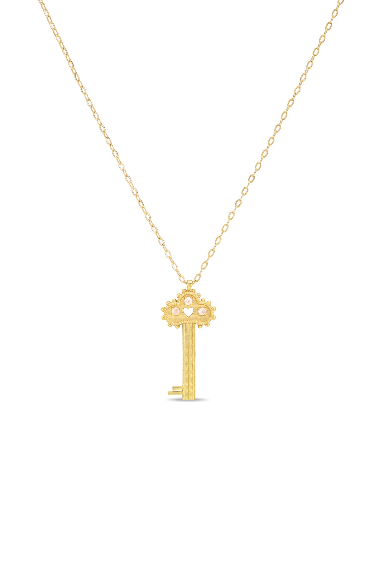 Gold key-shaped pendant necklace on a white background