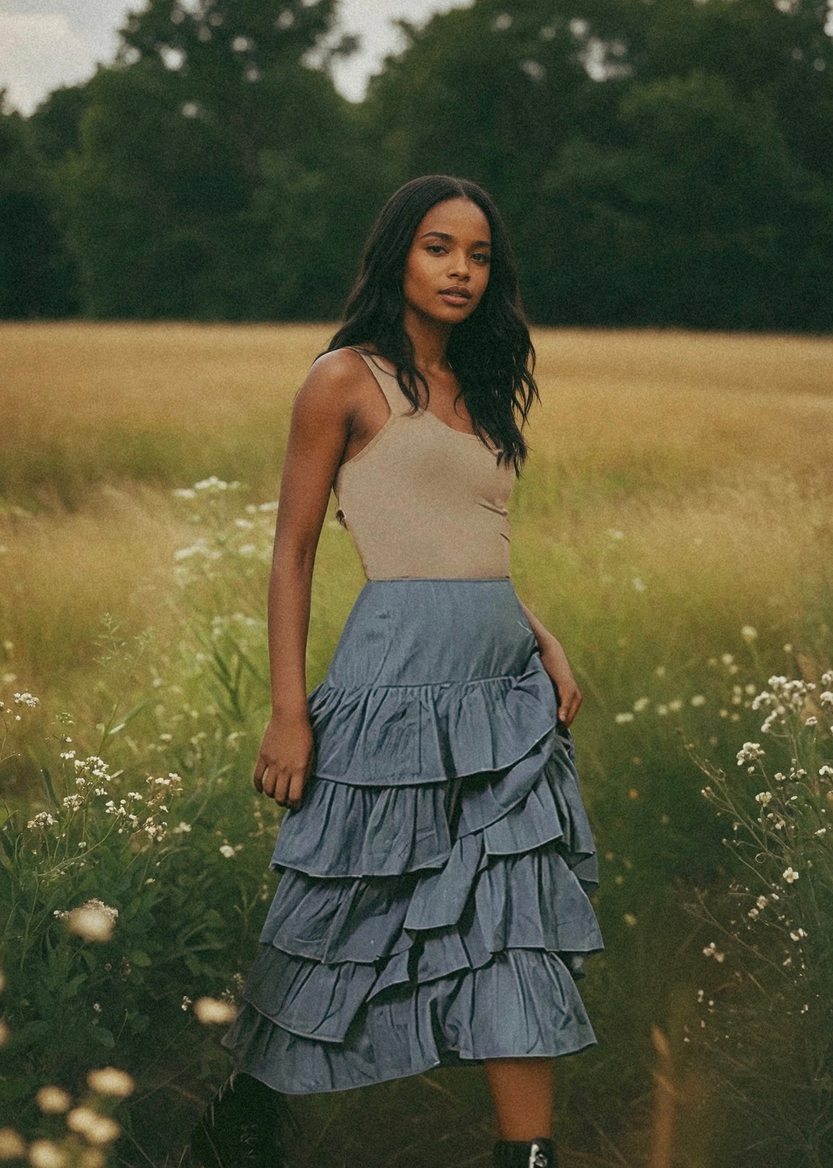 carolina benoit eco denim ruffled skirt maxi skirt blue denim hand loomed