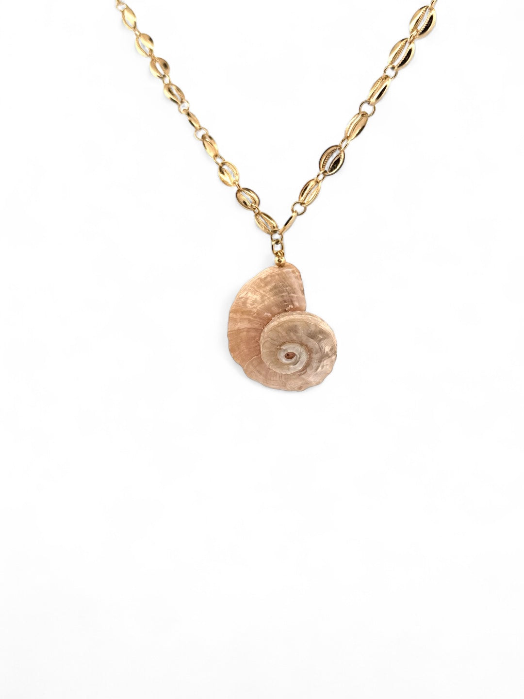 Golden spiral shell pendant on gold cowrie-inspired chain – Salt Water Heirloom