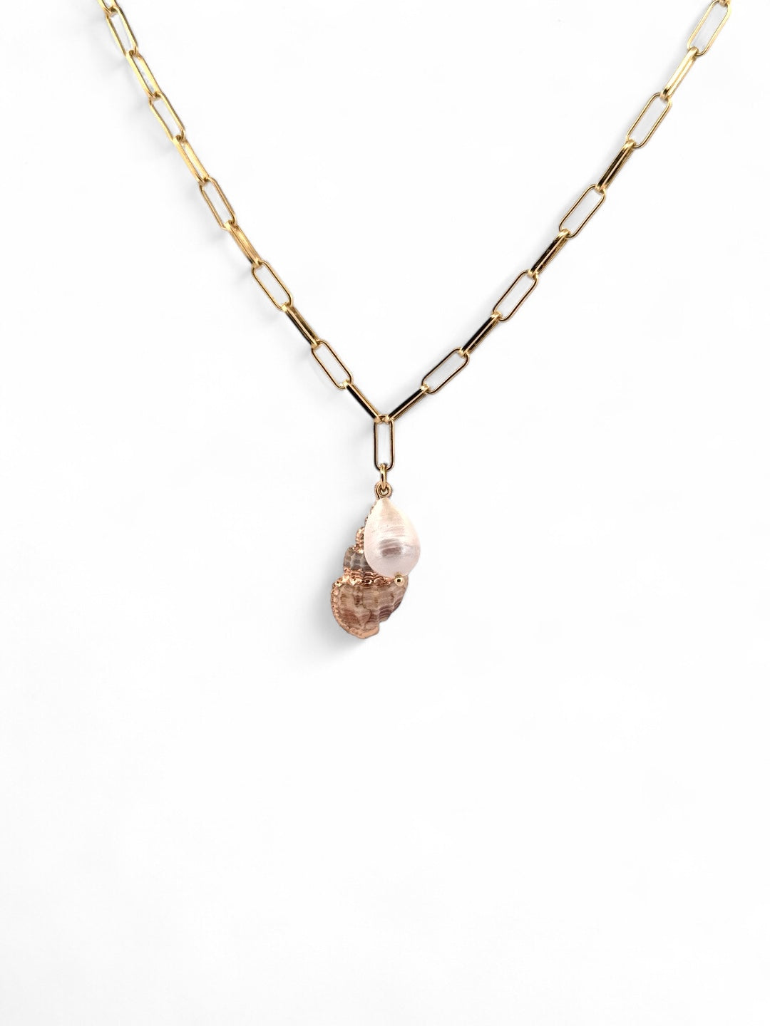 Petite shell and pearl drop necklace on gold paperclip chain – Salt Water Heirloom