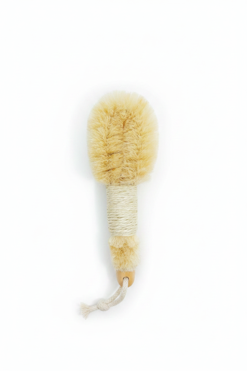 Beige brush with a natural bristle head on a white background with green leaves.