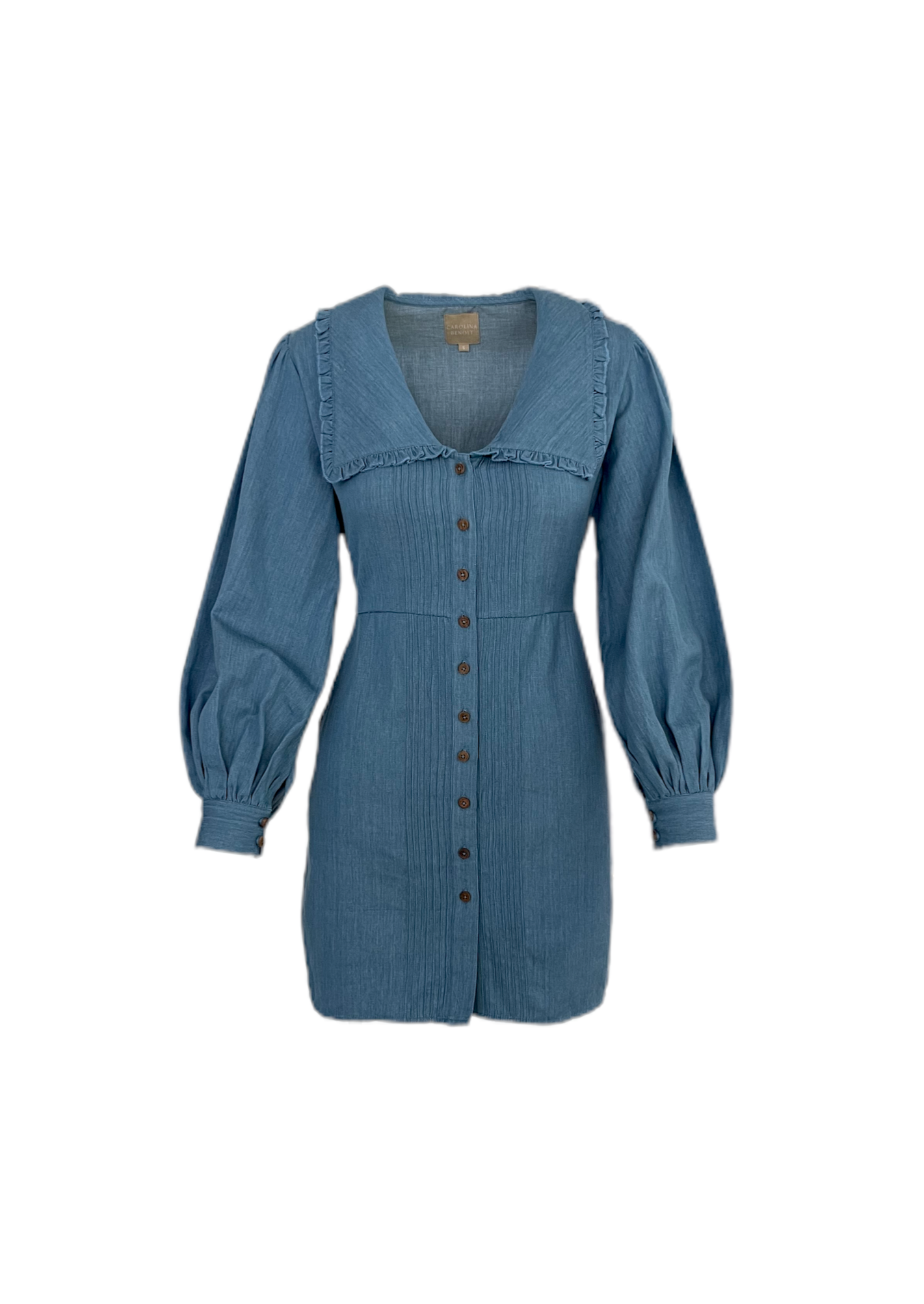 Eco denim mini Carolina Benoit sustainable wood buttons bishop sleeves Peter Pan collar