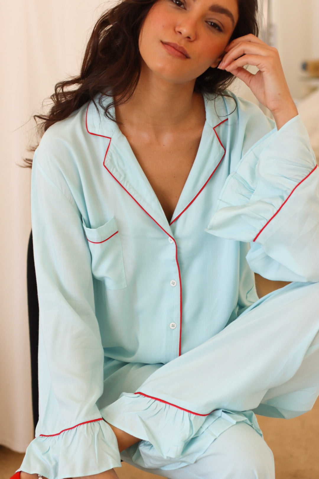 Luxury Bamboo Pajama Set Women | Blue & Red