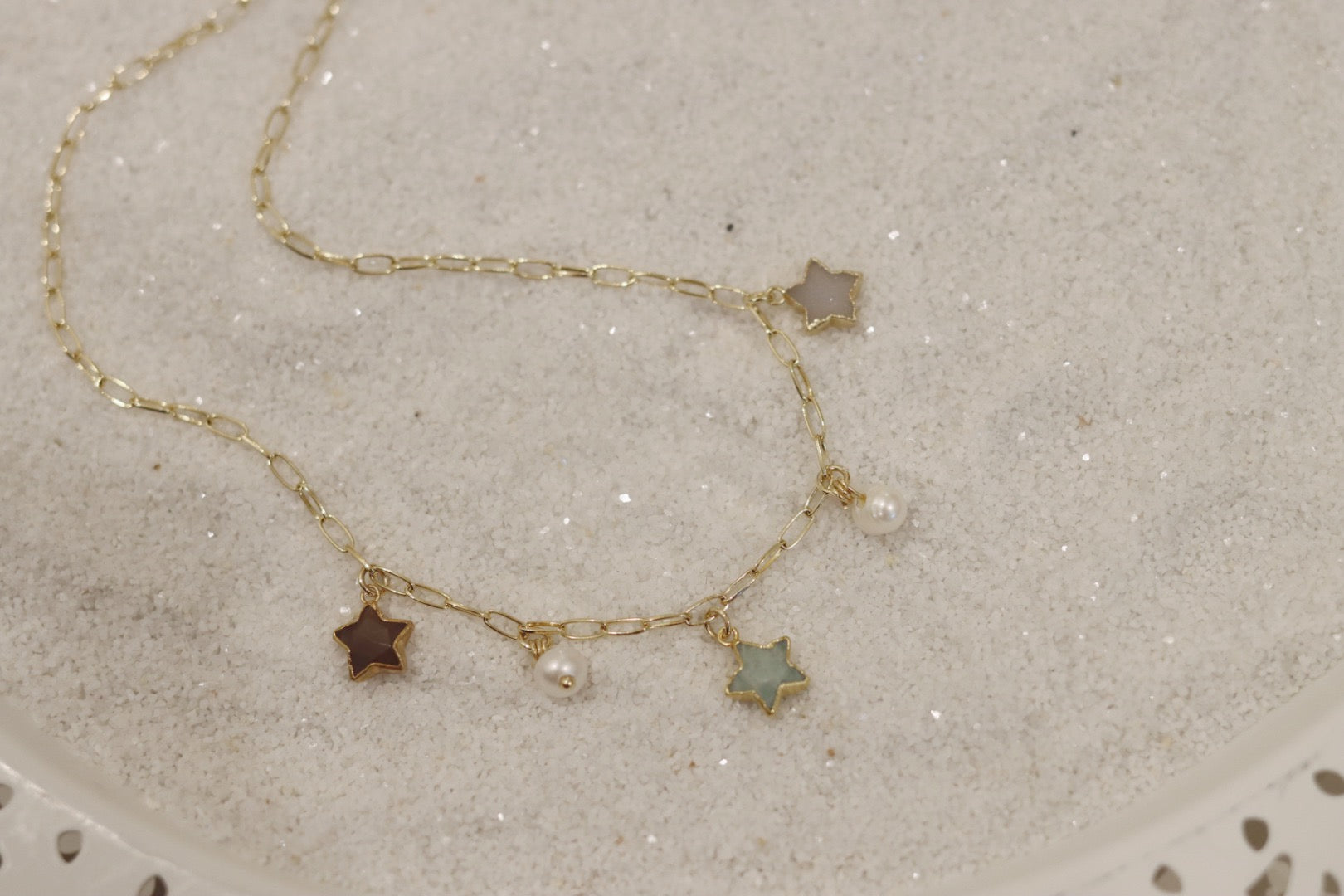 Gold and pearls charm necklace stars zodiac gold druzy quarts aquamarine