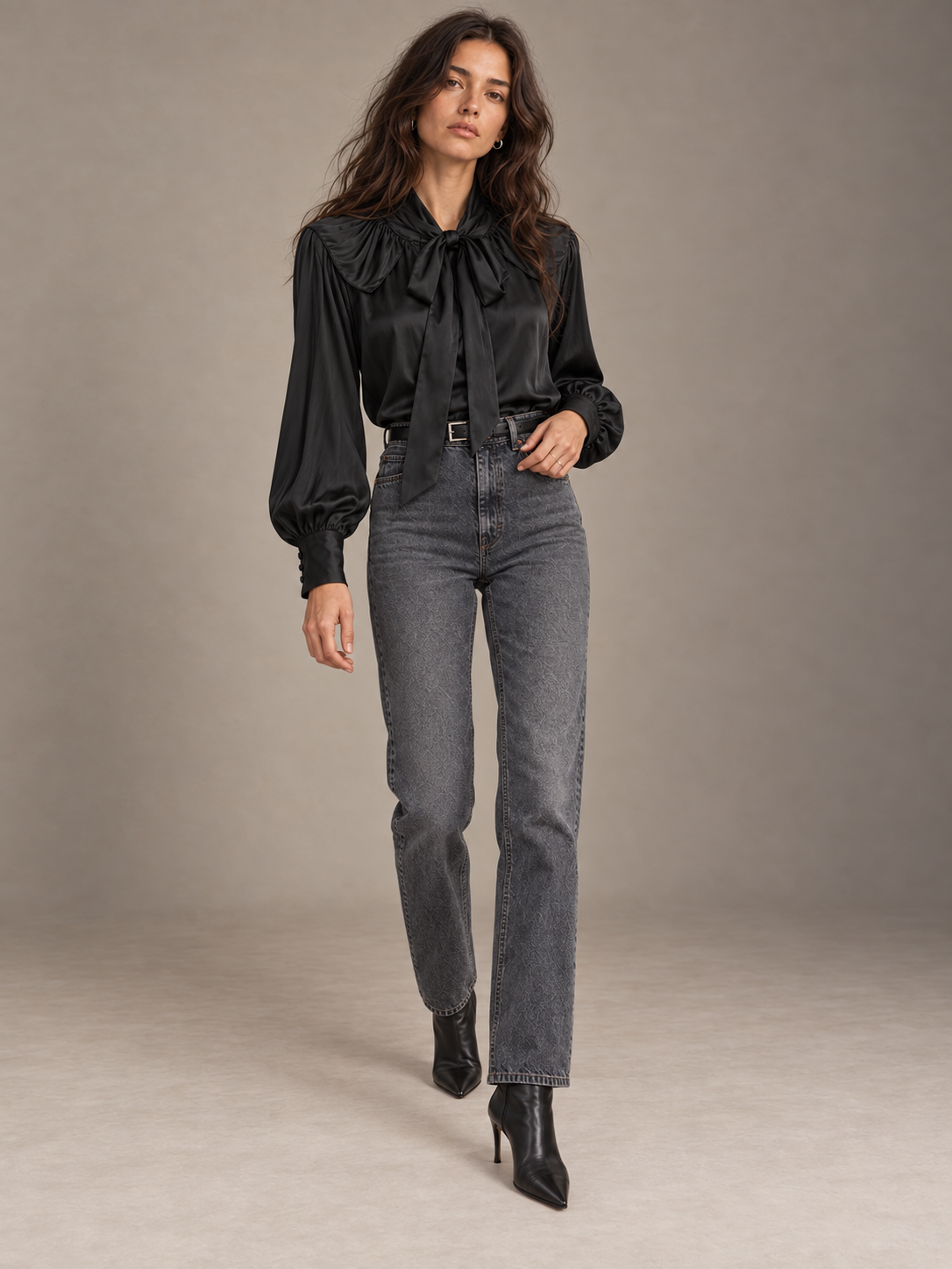 For Rose Vegan Silk Black Pussy Bow Top