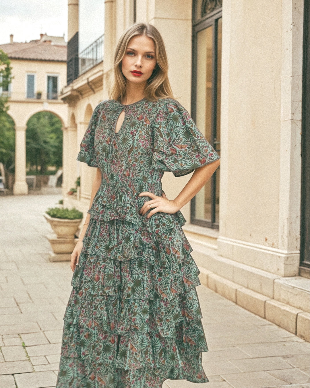 Palm Springs Clinched Waist Dress Green Print